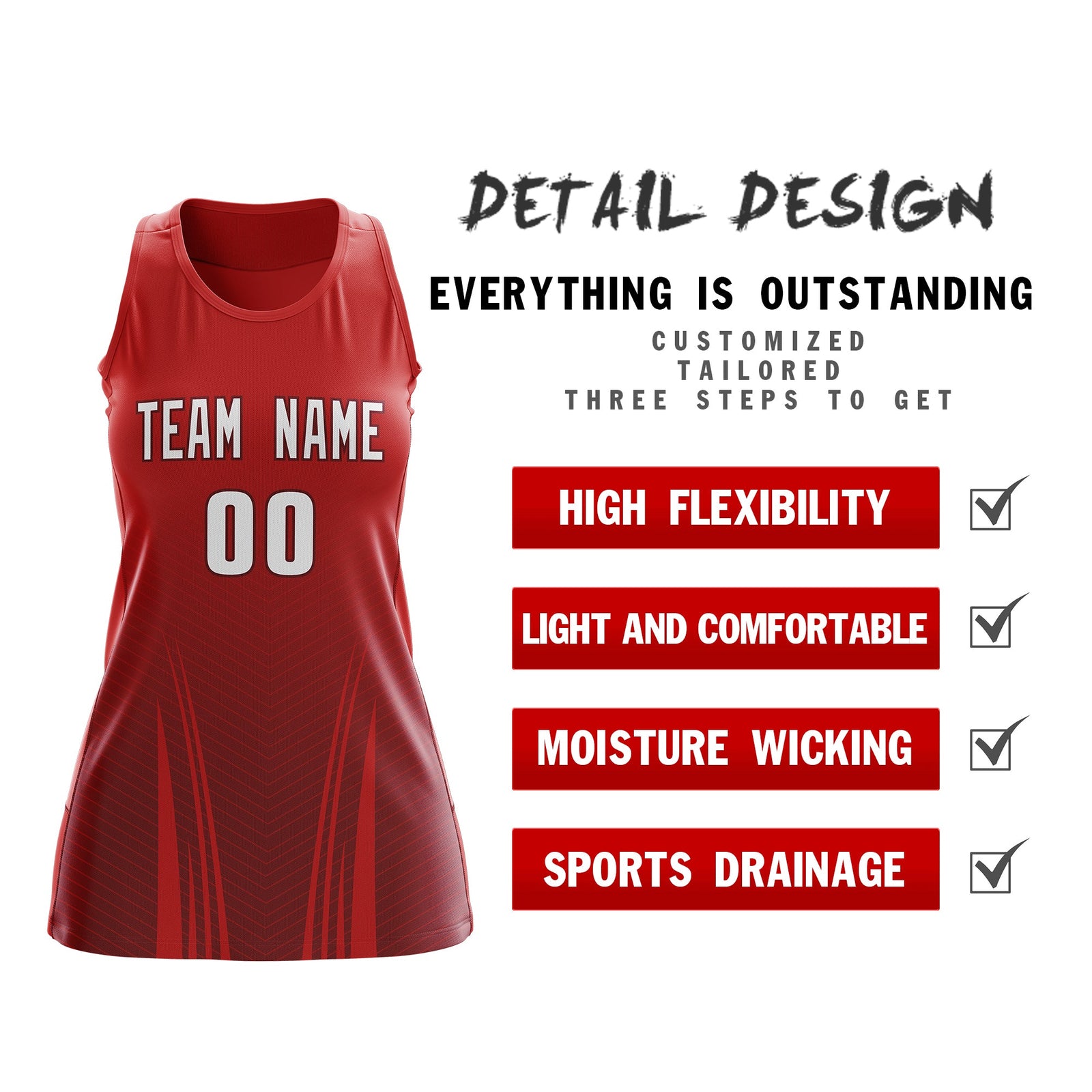 Custom Women Netball Dress | Red Crimson V-Shaped Pinstripes Uniform with Name & Number