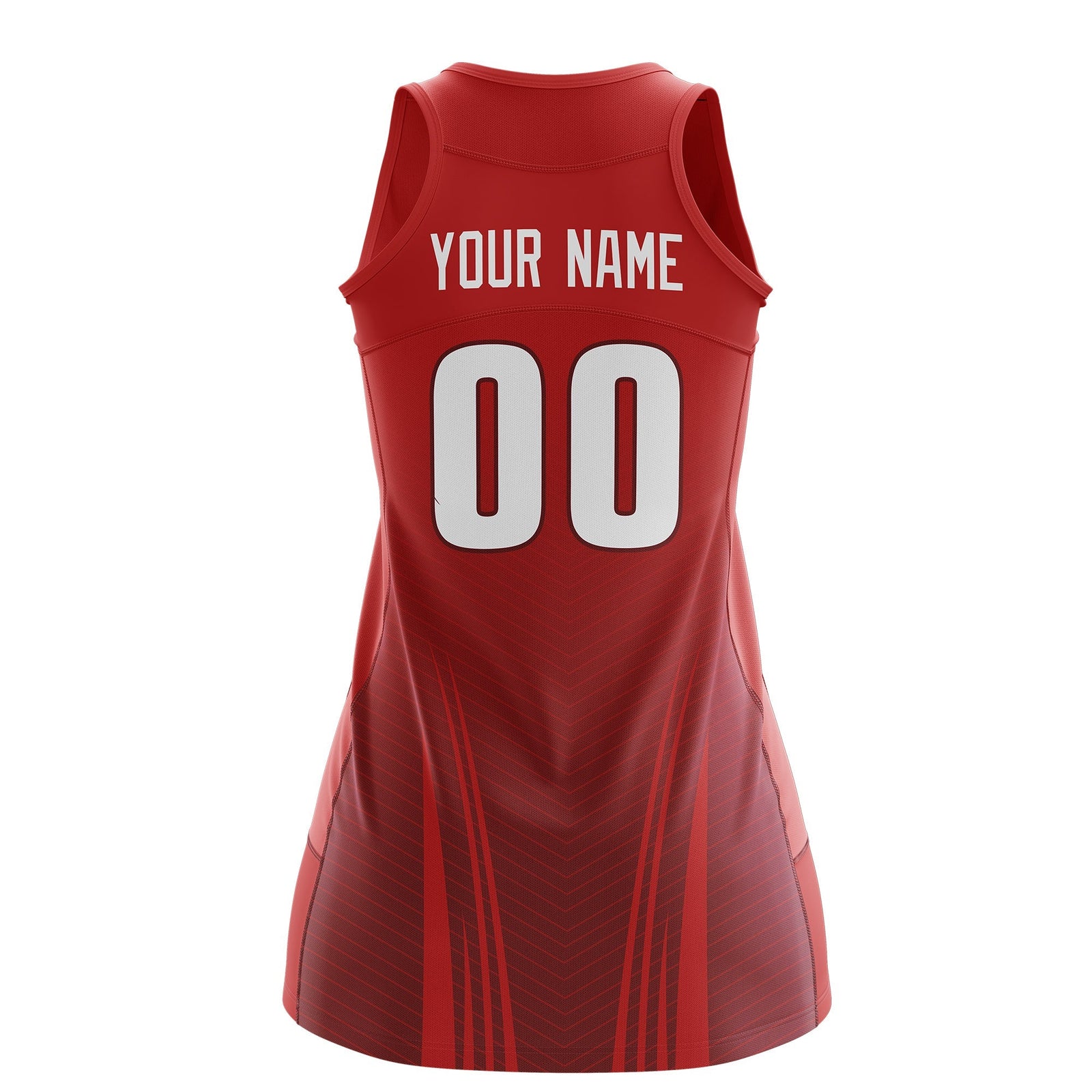 Custom Women Netball Dress | Red Crimson V-Shaped Pinstripes Uniform with Name & Number