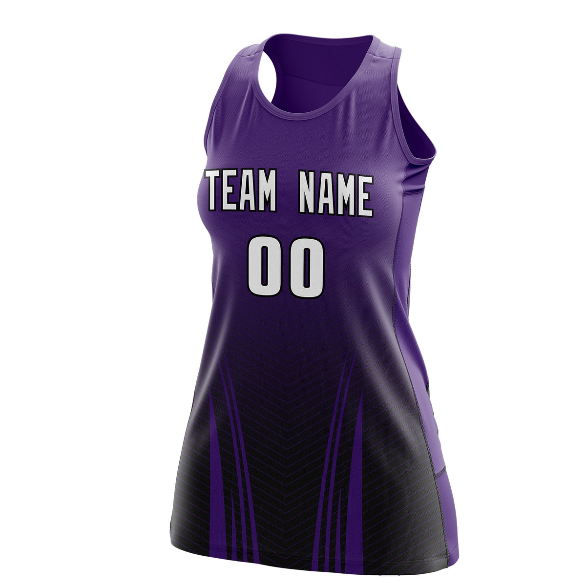 Custom Netball Dress | Purple Black V-Shaped Pinstripes Gradient Team Uniform