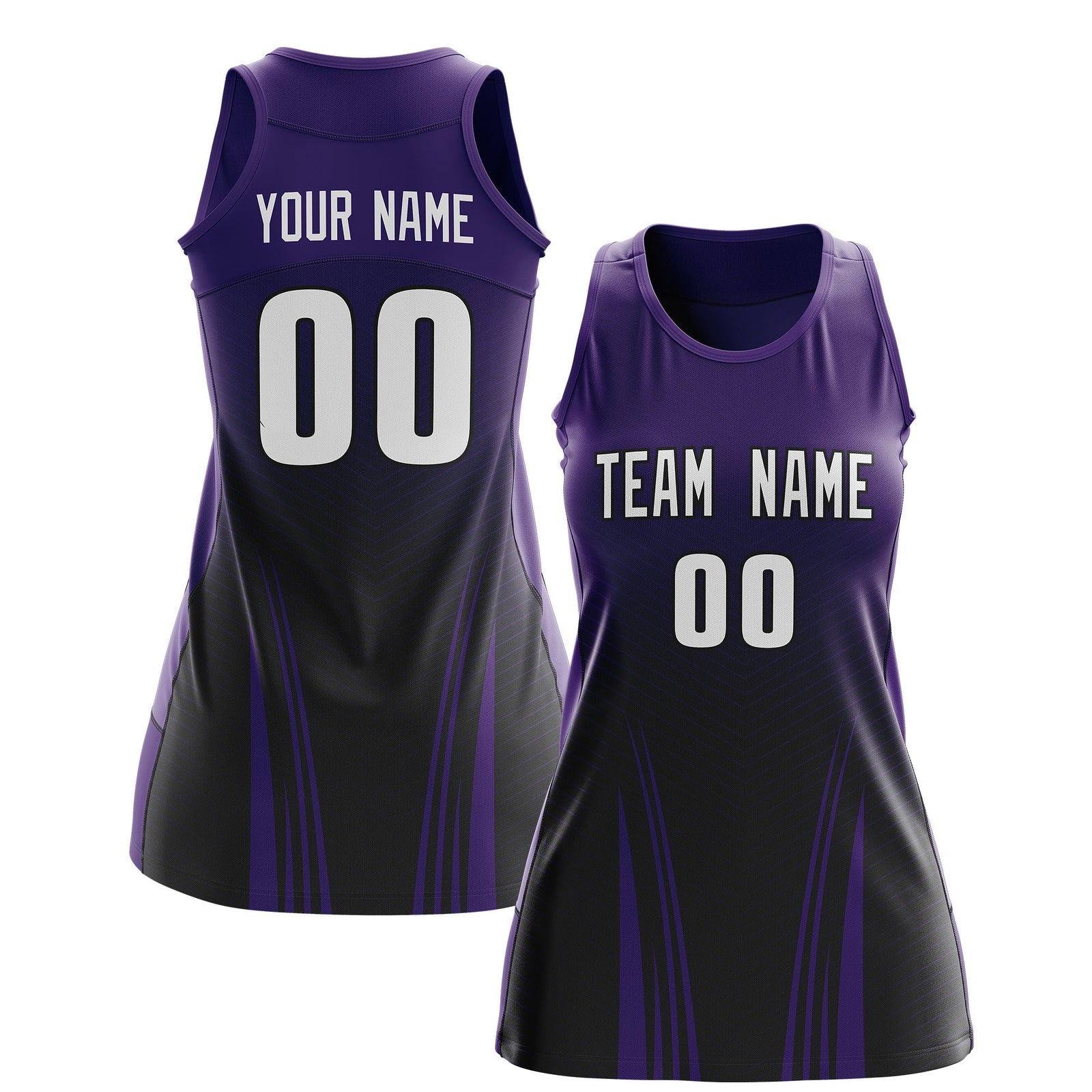 Custom Netball Dress | Purple Black V-Shaped Pinstripes Gradient Team Uniform