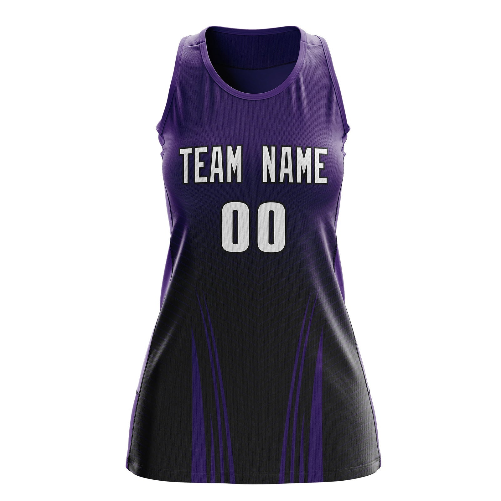 Custom Netball Dress | Purple Black V-Shaped Pinstripes Gradient Team Uniform