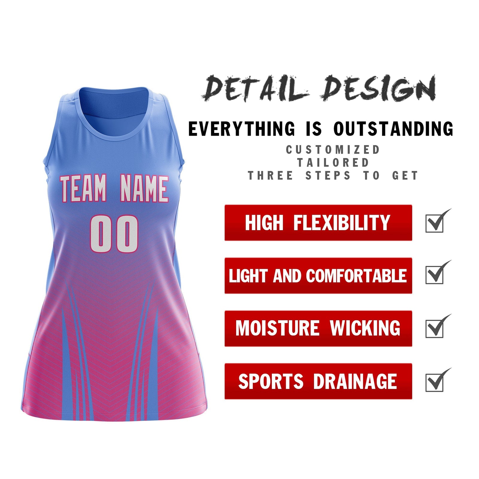 Custom Women Netball Dress | Light Blue Pink V-Shaped Pinstripes Uniform with Name & Number