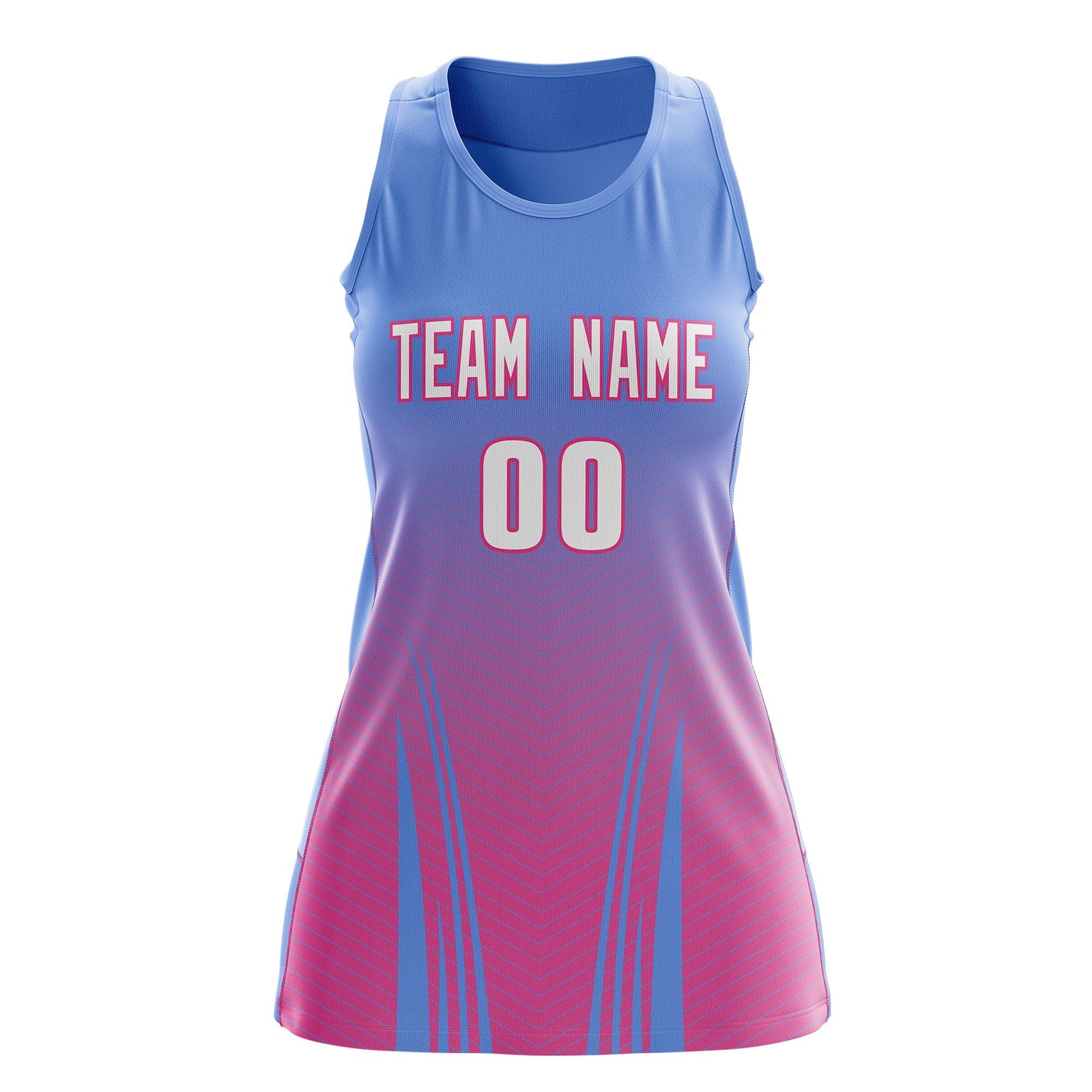 Custom Women Netball Dress | Light Blue Pink V-Shaped Pinstripes Uniform with Name & Number