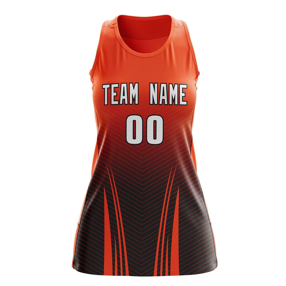 Custom Netball Dress Orange Black for Women with V-Shaped Pinstripes Personalized Team Uniform