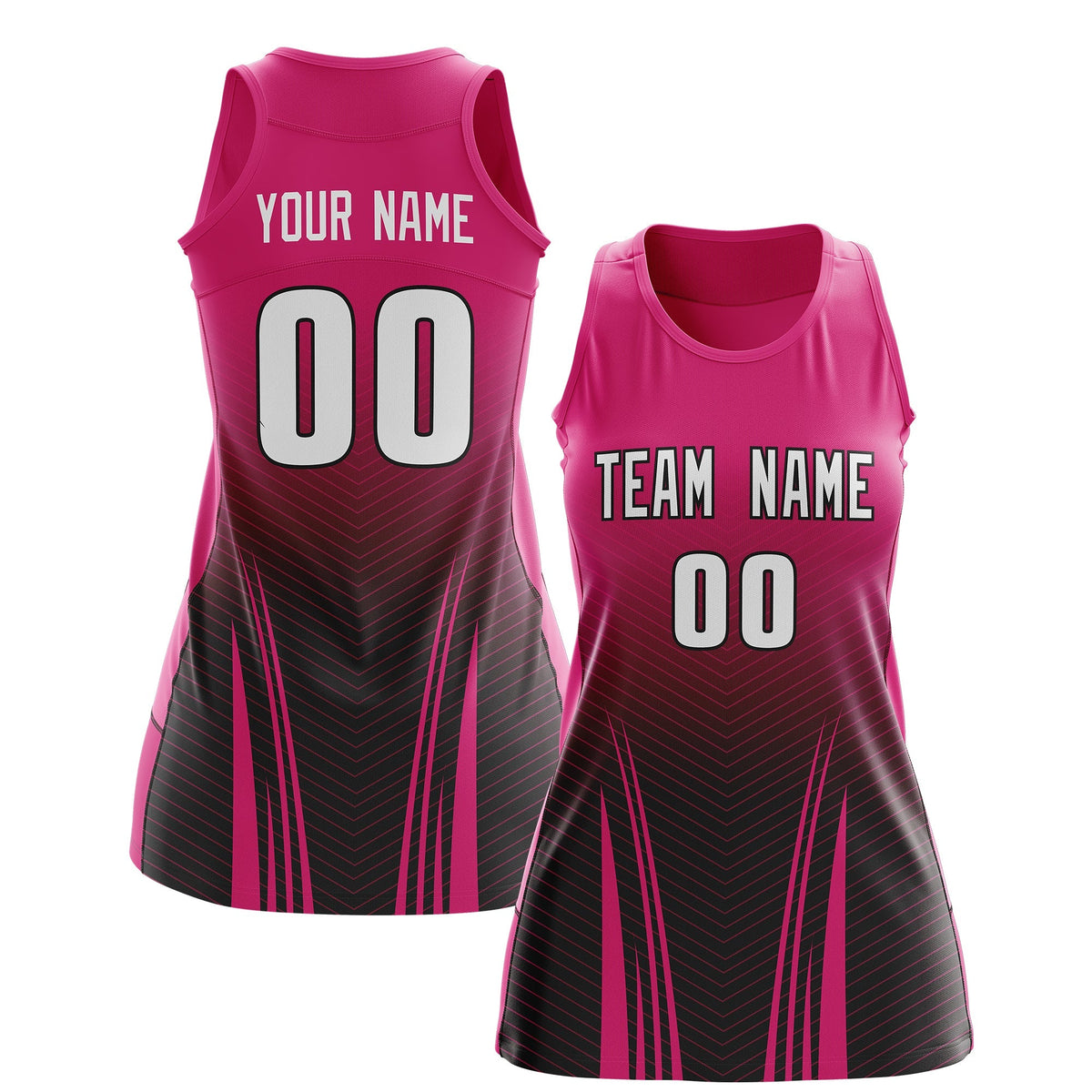 Custom Women Netball Dress | Rose Red Black V-Shaped Pinstripes Uniform with Name &amp; Number