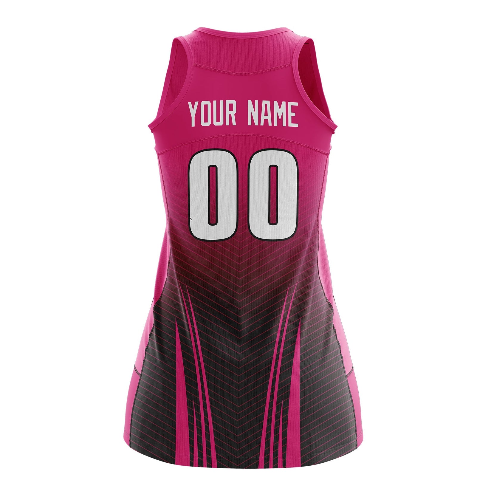 Custom Women Netball Dress | Rose Red Black V-Shaped Pinstripes Uniform with Name & Number