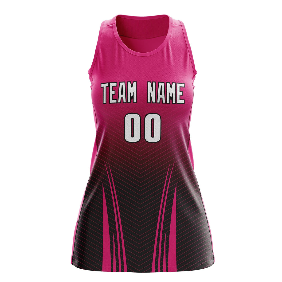 Custom Women Netball Dress | Rose Red Black V-Shaped Pinstripes Uniform with Name &amp; Number