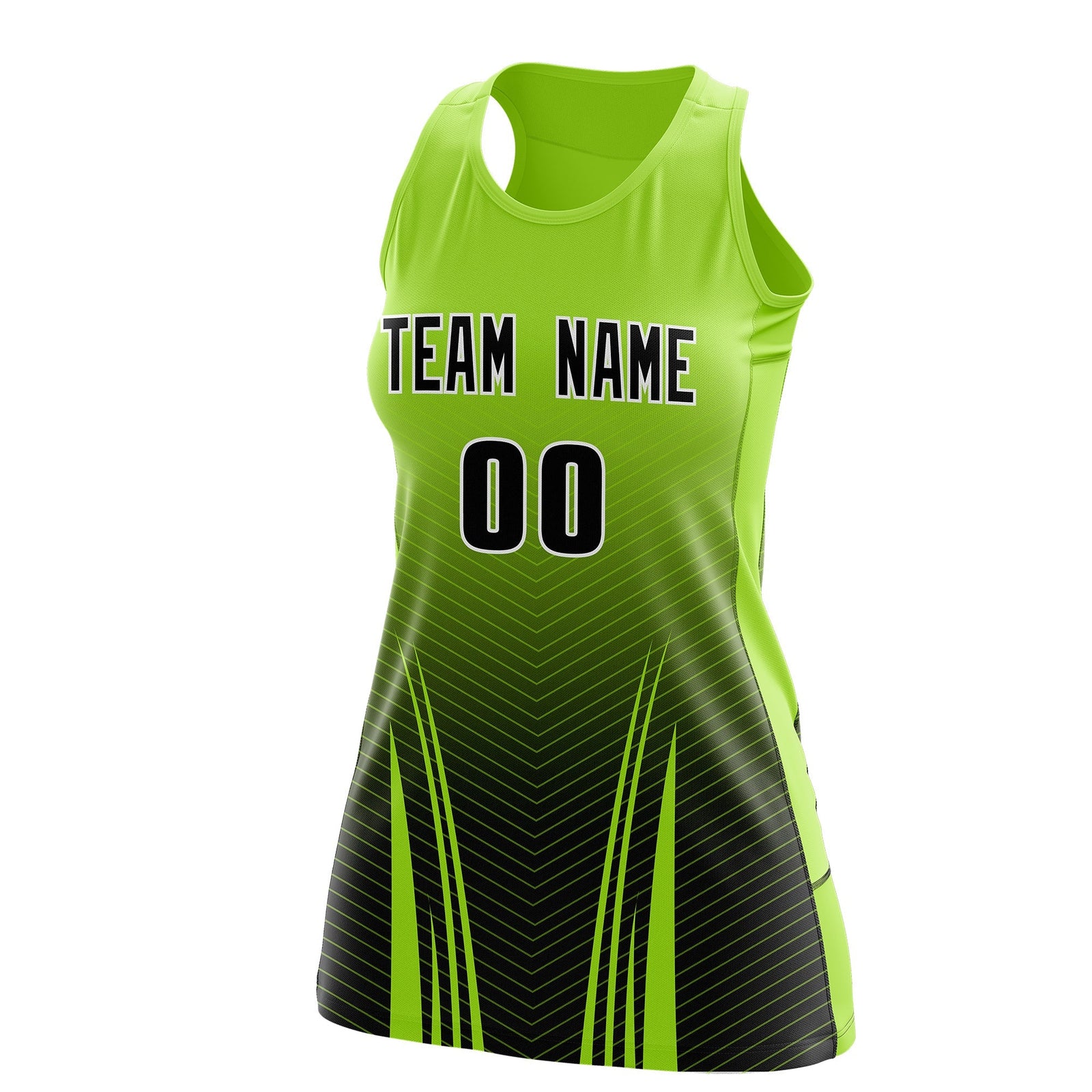 Custom Netball Dress | Neon Green Black V-Shaped Pinstripes Gradient Team Uniform