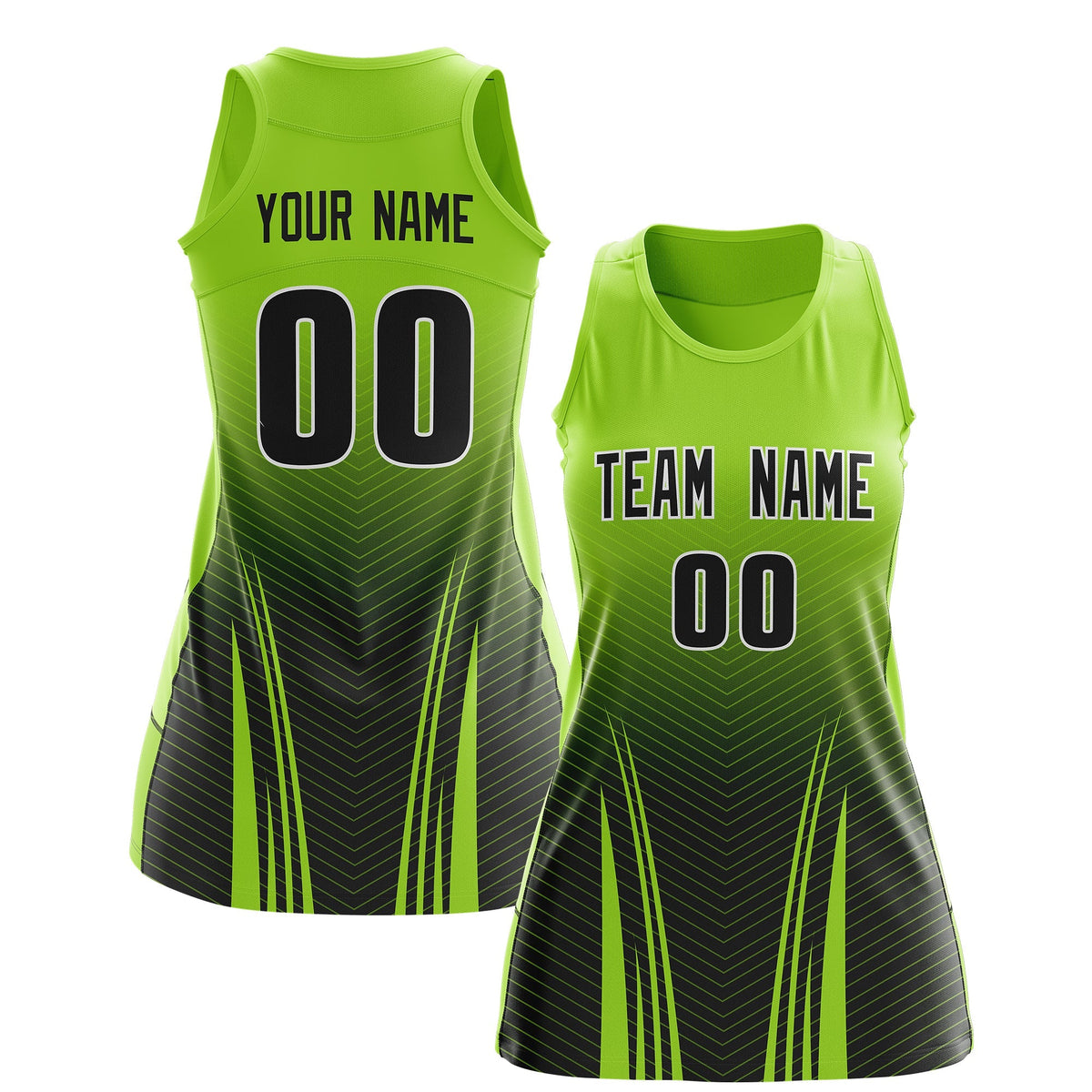 Custom Netball Dress | Neon Green Black V-Shaped Pinstripes Gradient Team Uniform