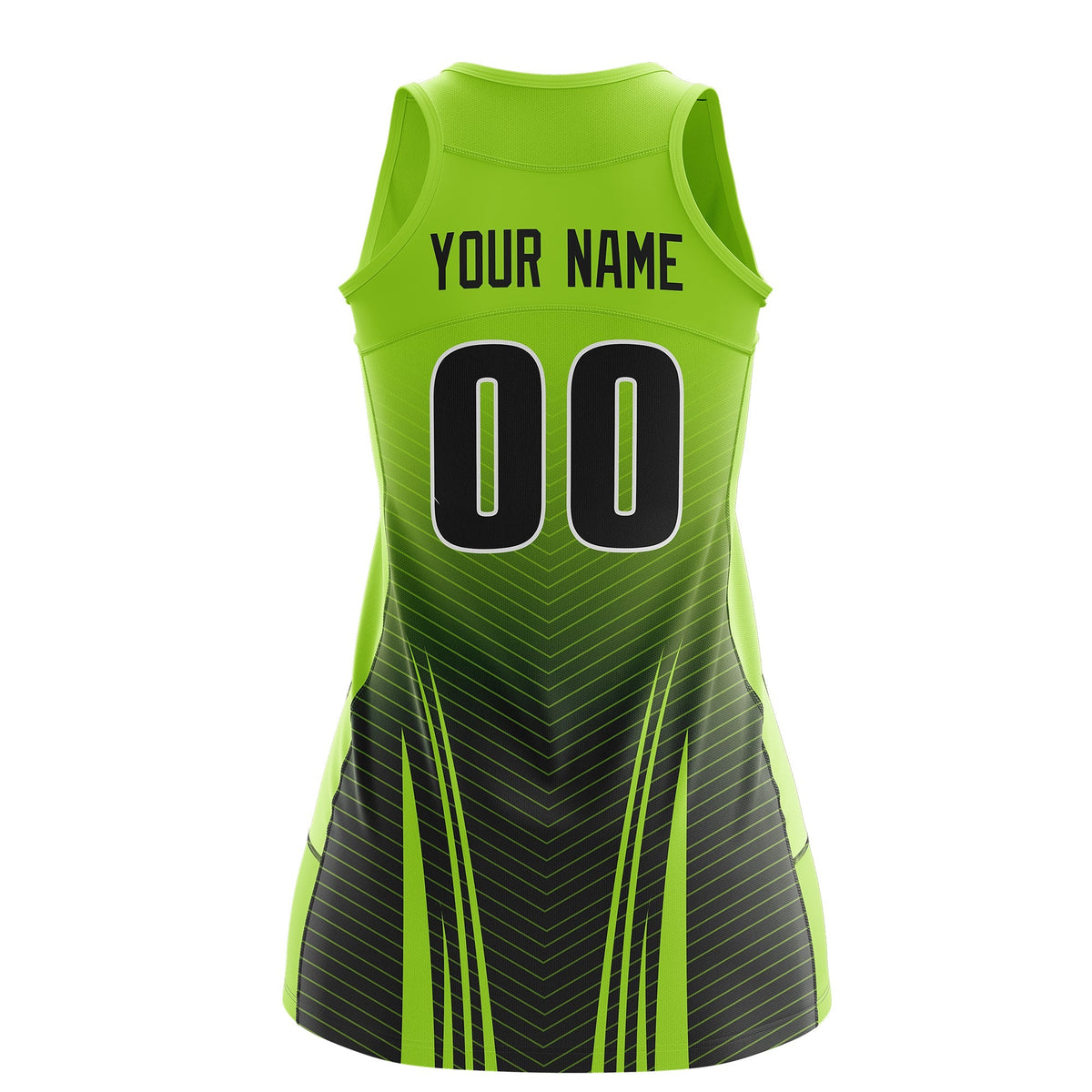 Custom Netball Dress | Neon Green Black V-Shaped Pinstripes Gradient Team Uniform