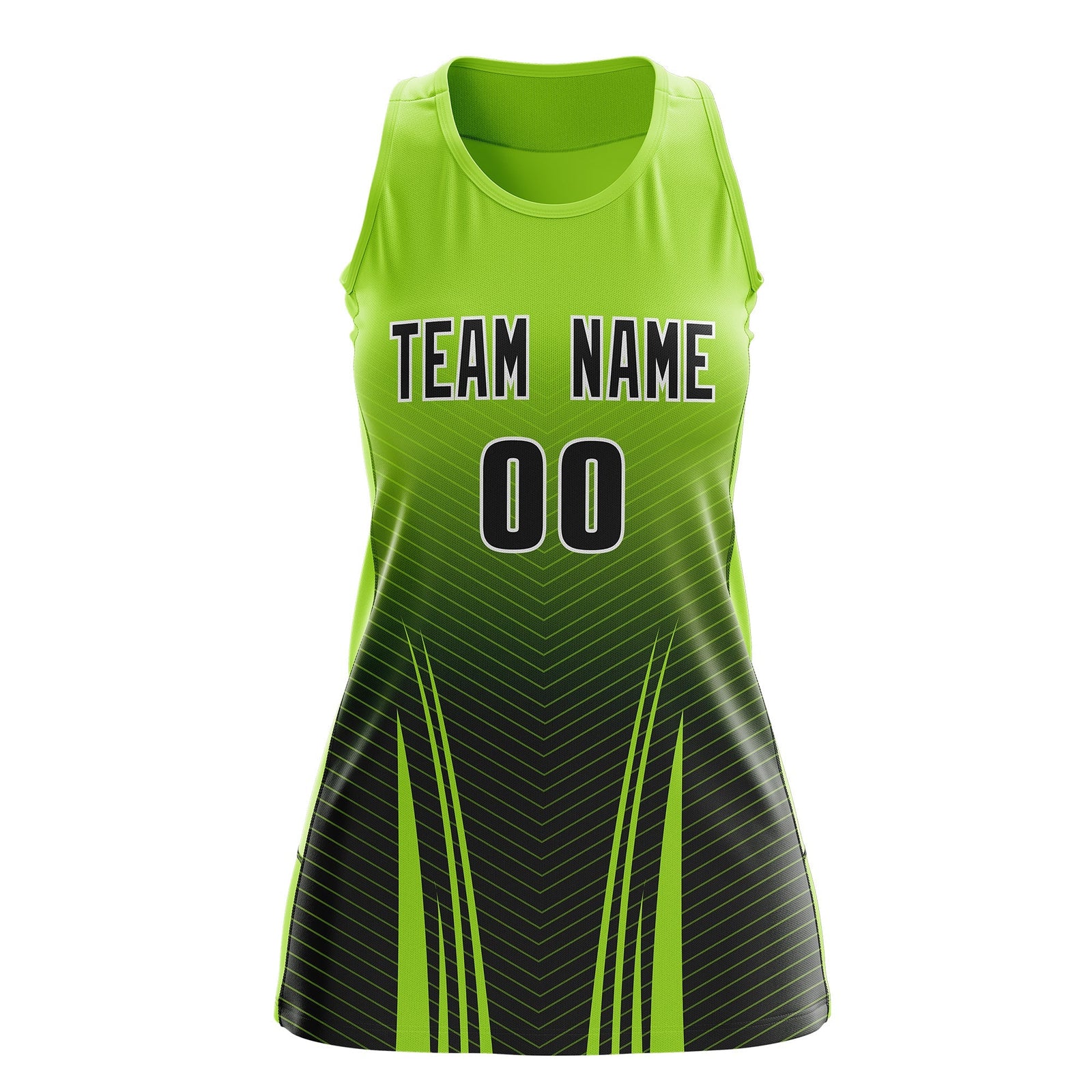 Custom Netball Dress | Neon Green Black V-Shaped Pinstripes Gradient Team Uniform