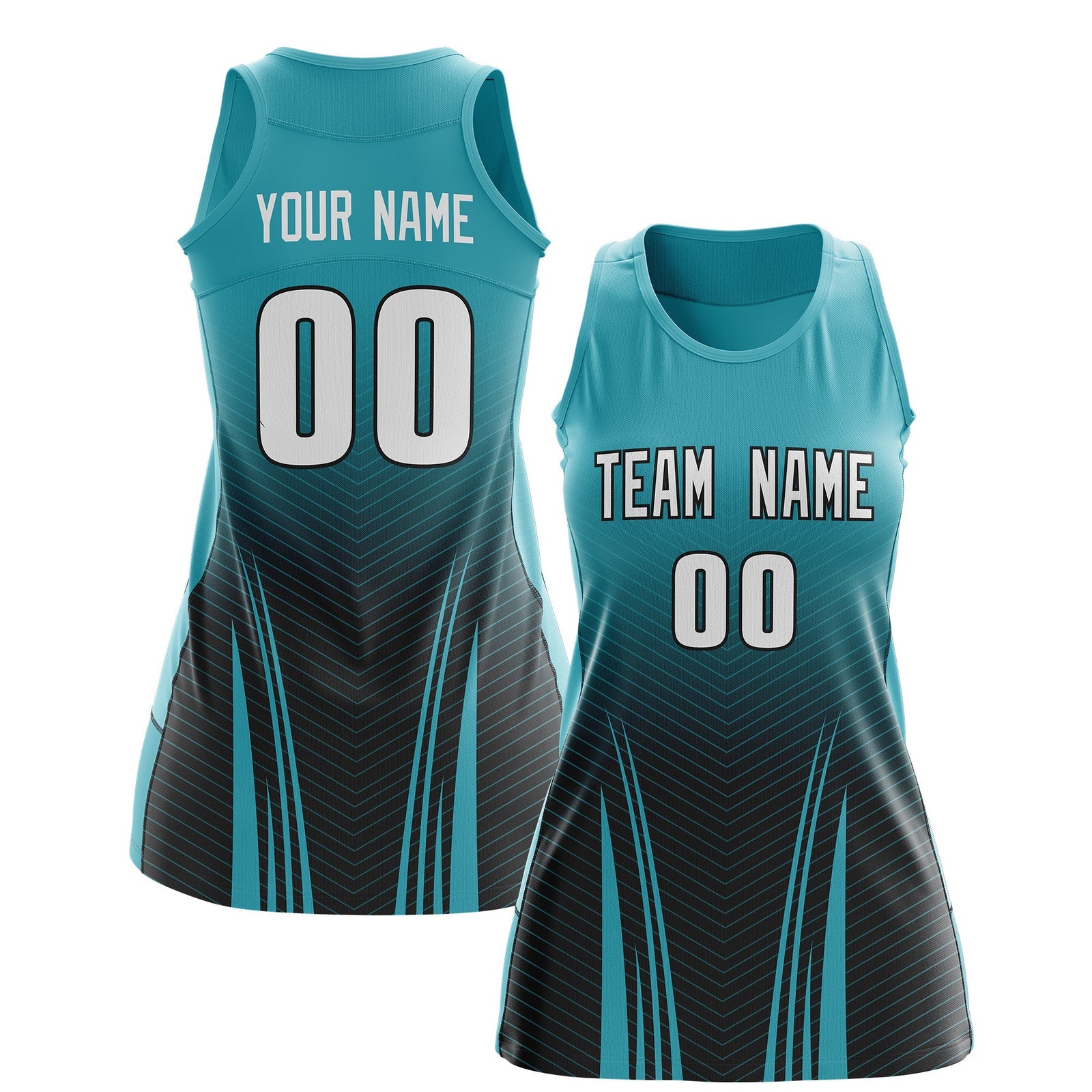Custom Women Netball Dress | Aqua Black V-Shaped Pinstripes Uniform with Name & Number