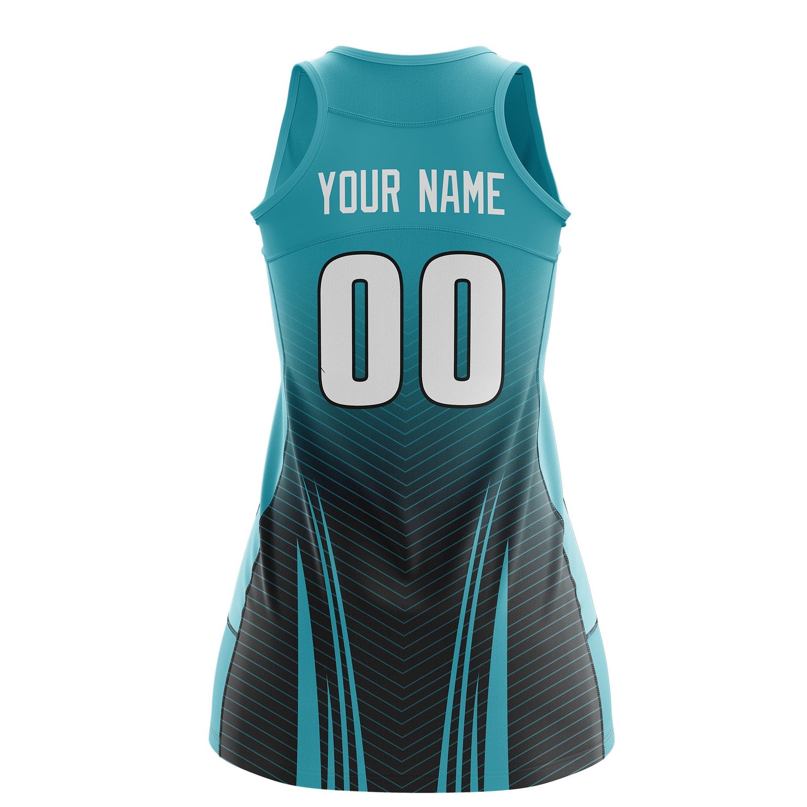 Custom Women Netball Dress | Aqua Black V-Shaped Pinstripes Uniform with Name & Number