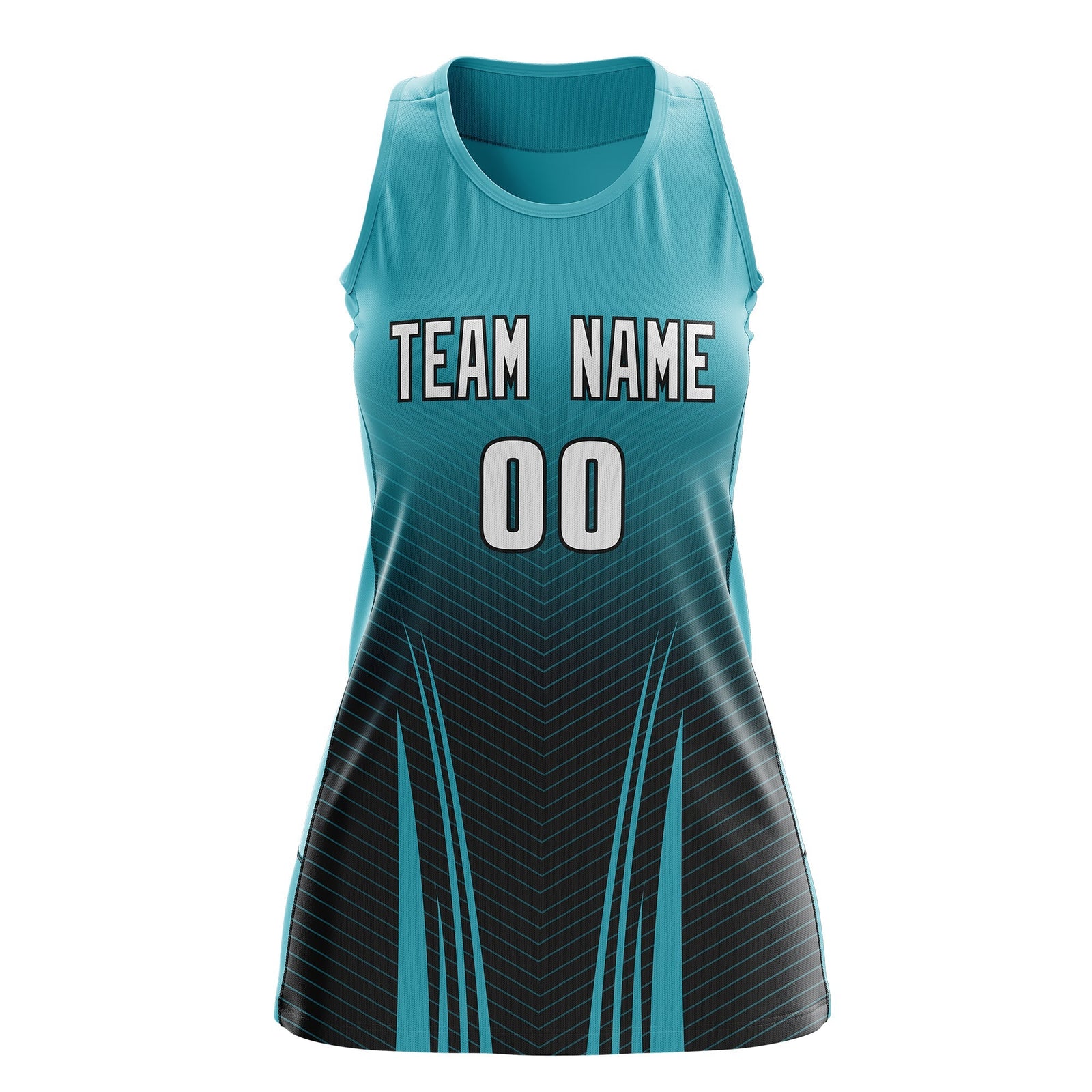 Custom Women Netball Dress | Aqua Black V-Shaped Pinstripes Uniform with Name & Number