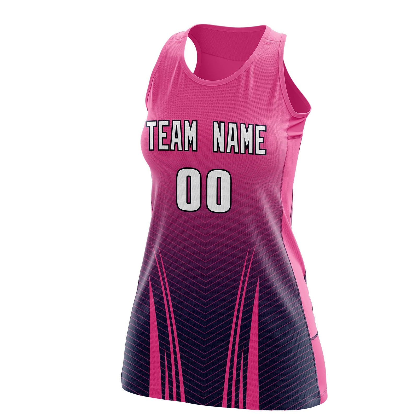 Custom Netball Dress | Rose Red Navy V-Shaped Pinstripes Gradient Team Uniform