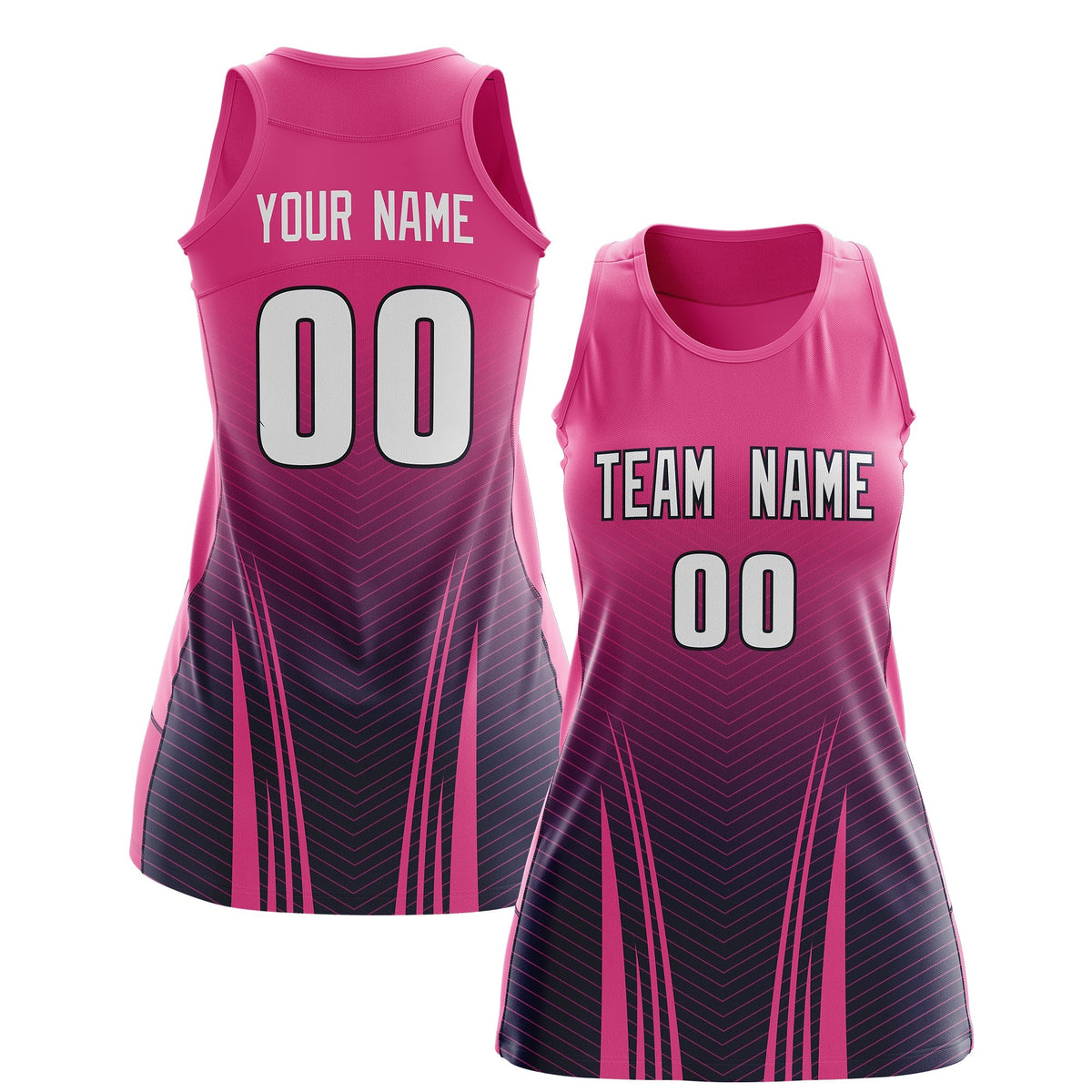 Custom Netball Dress | Rose Red Navy V-Shaped Pinstripes Gradient Team Uniform