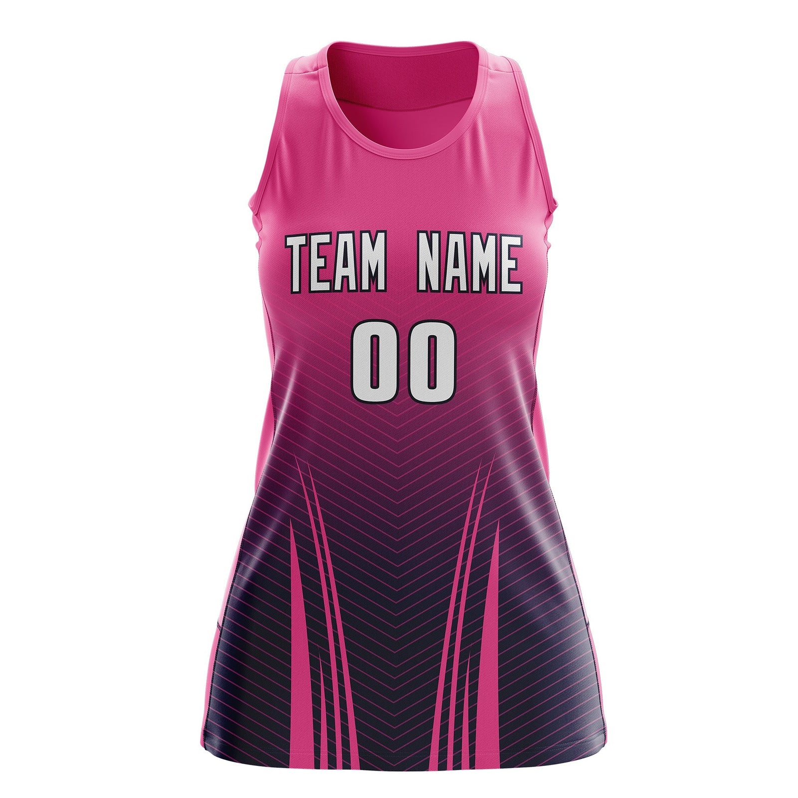 Custom Netball Dress | Rose Red Navy V-Shaped Pinstripes Gradient Team Uniform