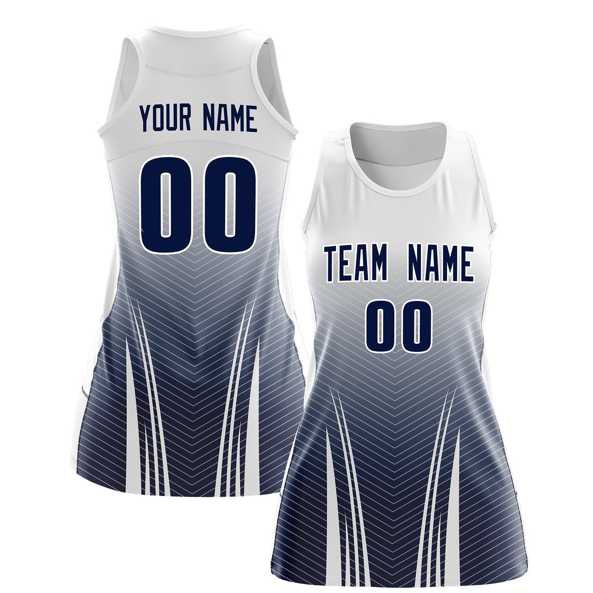 Custom Netball Dress White Navy for Women with V-Shaped Pinstripes Personalized Team Uniform