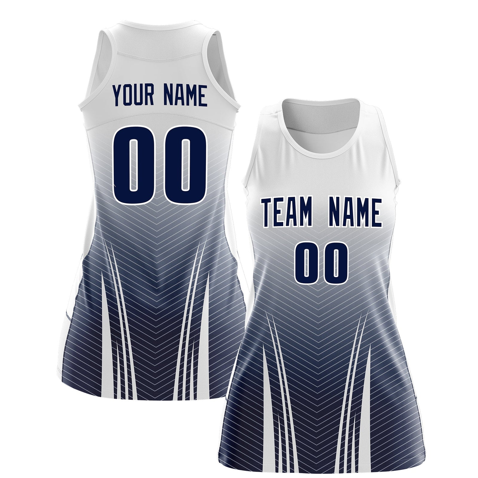 Custom Netball Dress White Navy for Women with V-Shaped Pinstripes Personalized Team Uniform