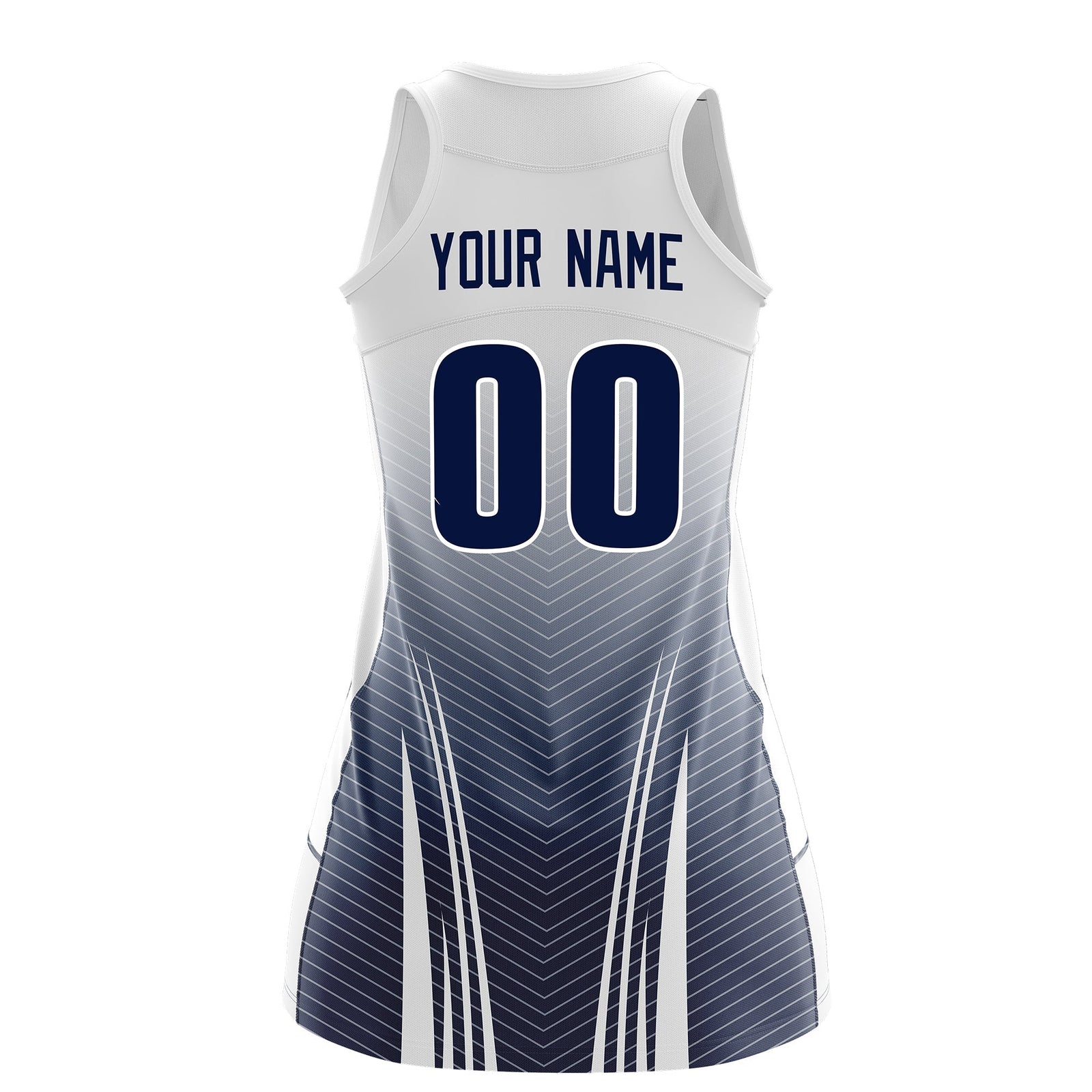 Custom Netball Dress White Navy for Women with V-Shaped Pinstripes Personalized Team Uniform