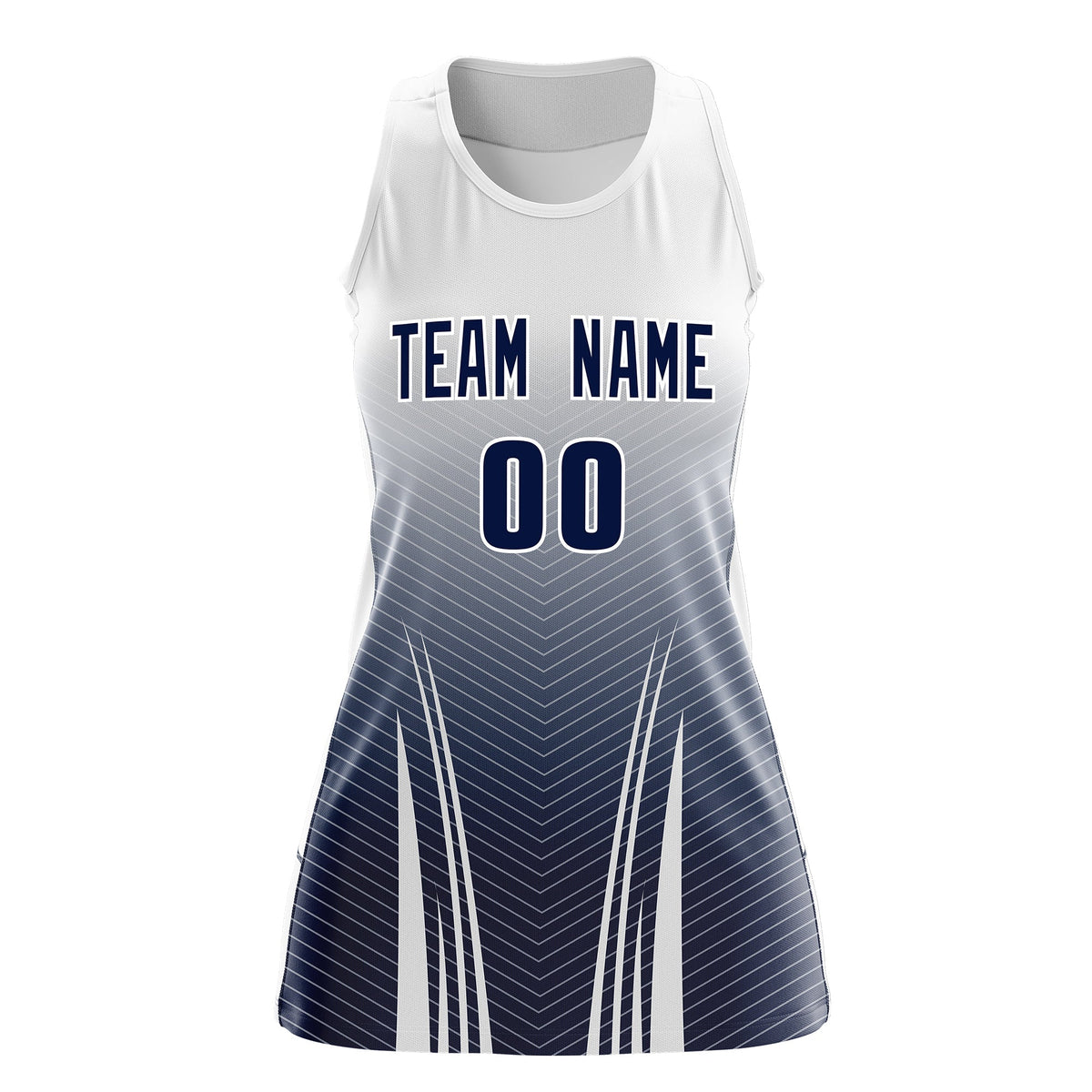 Custom Netball Dress White Navy for Women with V-Shaped Pinstripes Personalized Team Uniform