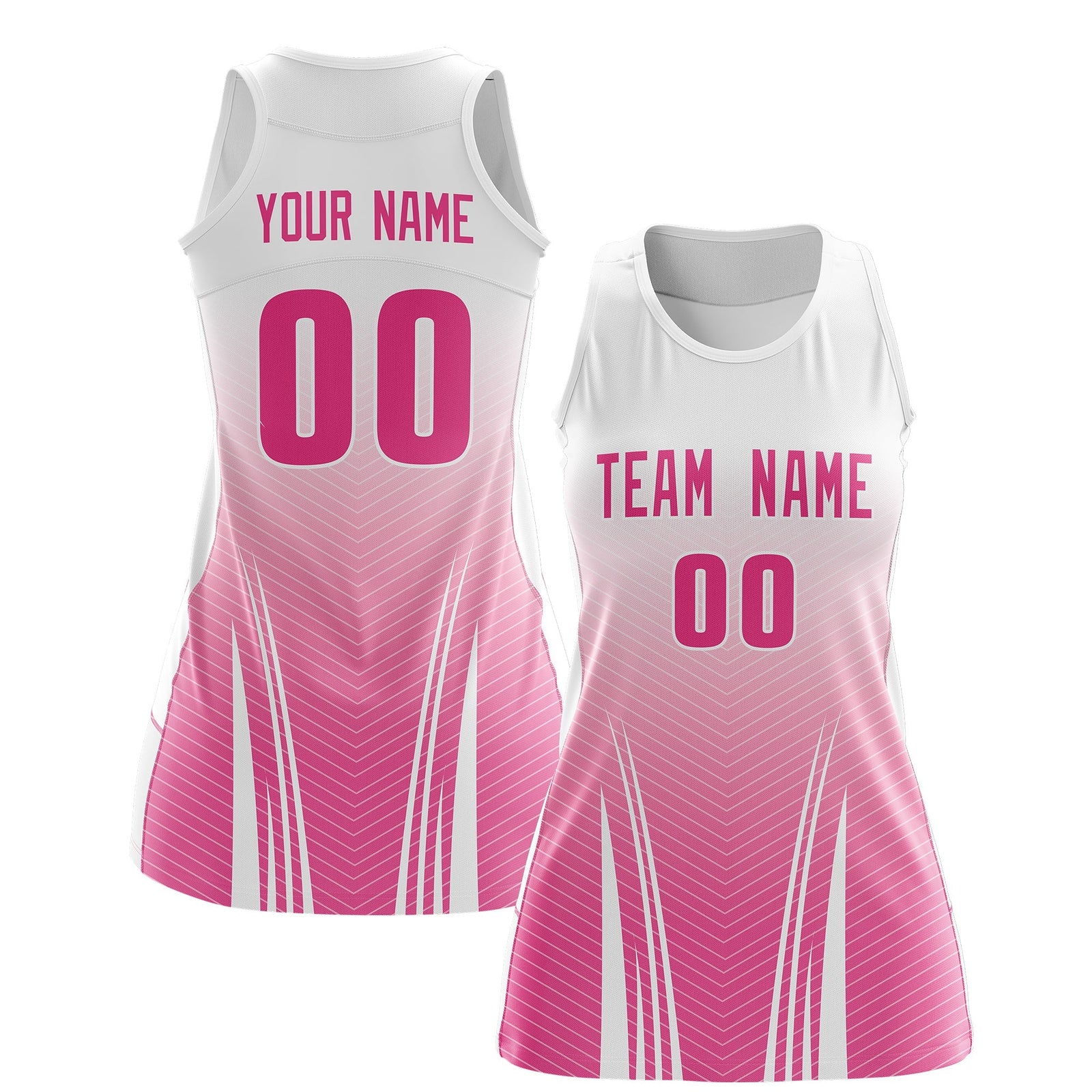 Custom Women Netball Dress | White Pink V-Shaped Pinstripes Uniform with Name & Number
