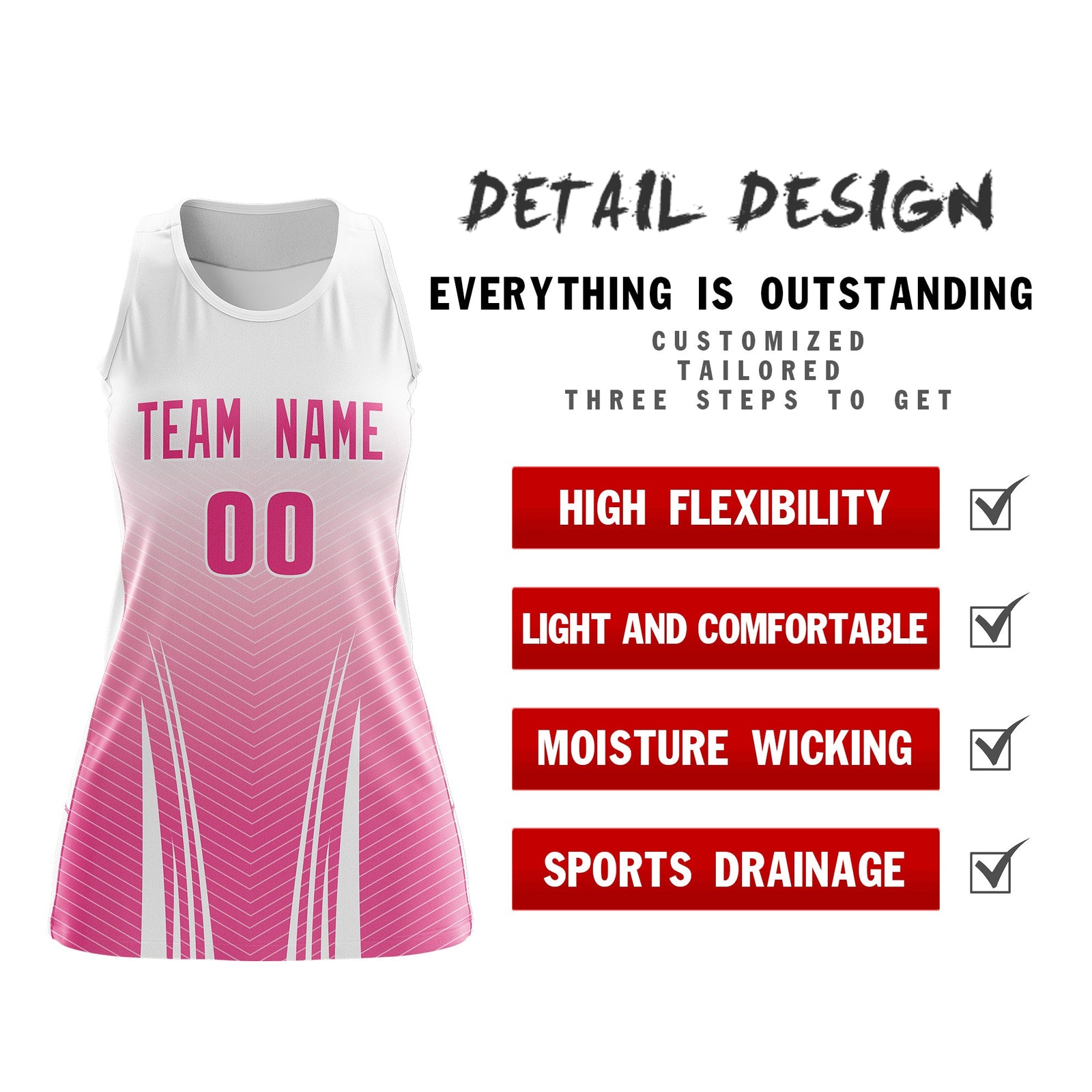 Custom Women Netball Dress | White Pink V-Shaped Pinstripes Uniform with Name & Number