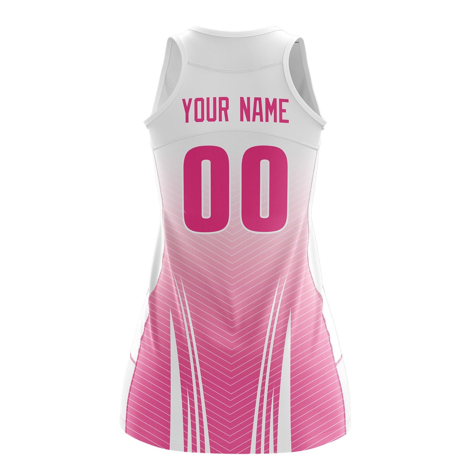 Custom Women Netball Dress | White Pink V-Shaped Pinstripes Uniform with Name & Number