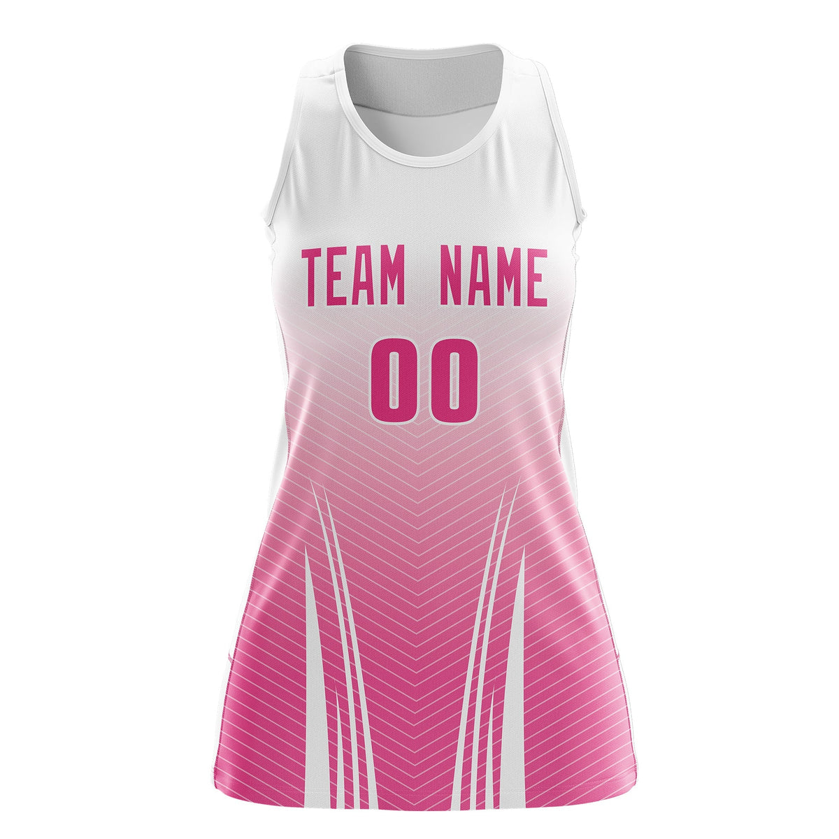 Custom Women Netball Dress | White Pink V-Shaped Pinstripes Uniform with Name &amp; Number