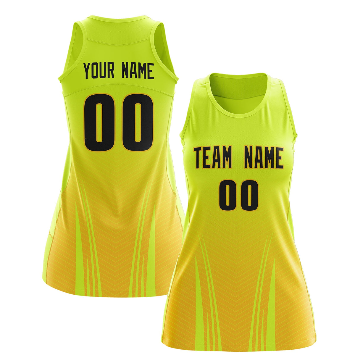 Custom Netball Dress Fluorescent Green Gold for Women with V-Shaped Pinstripes Personalized Team Uniform