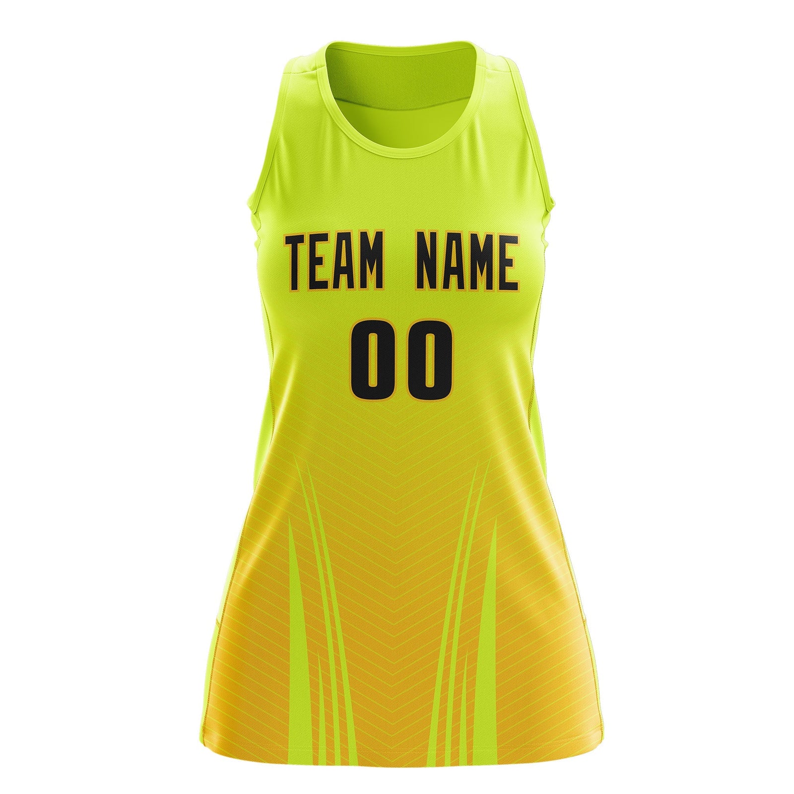 Custom Netball Dress Fluorescent Green Gold for Women with V-Shaped Pinstripes Personalized Team Uniform