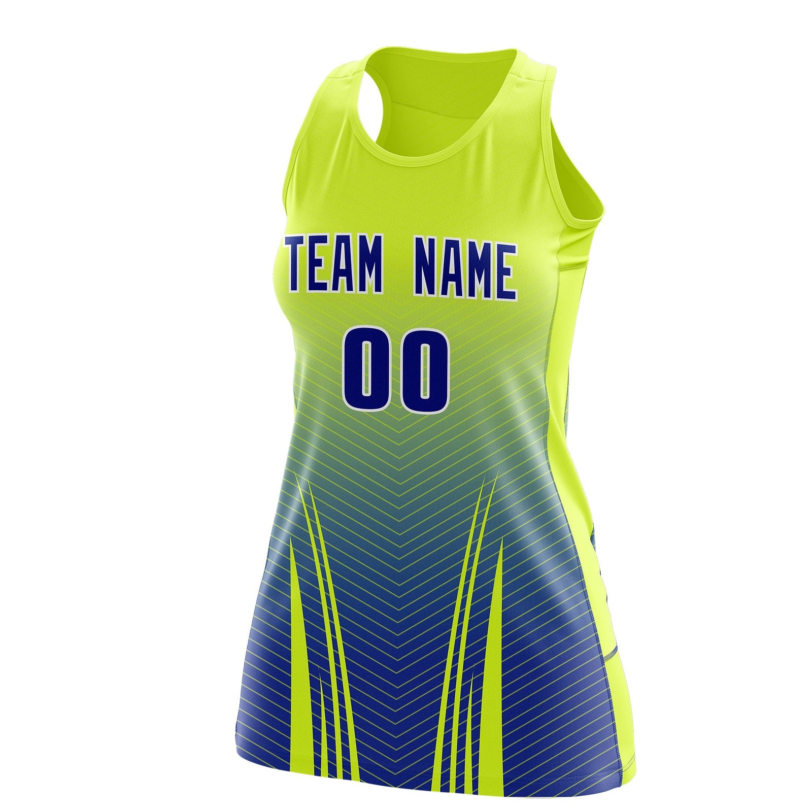 Custom Women Netball Dress | Fluorescent Green Royal Blue V-Shaped Pinstripes Uniform with Name & Number