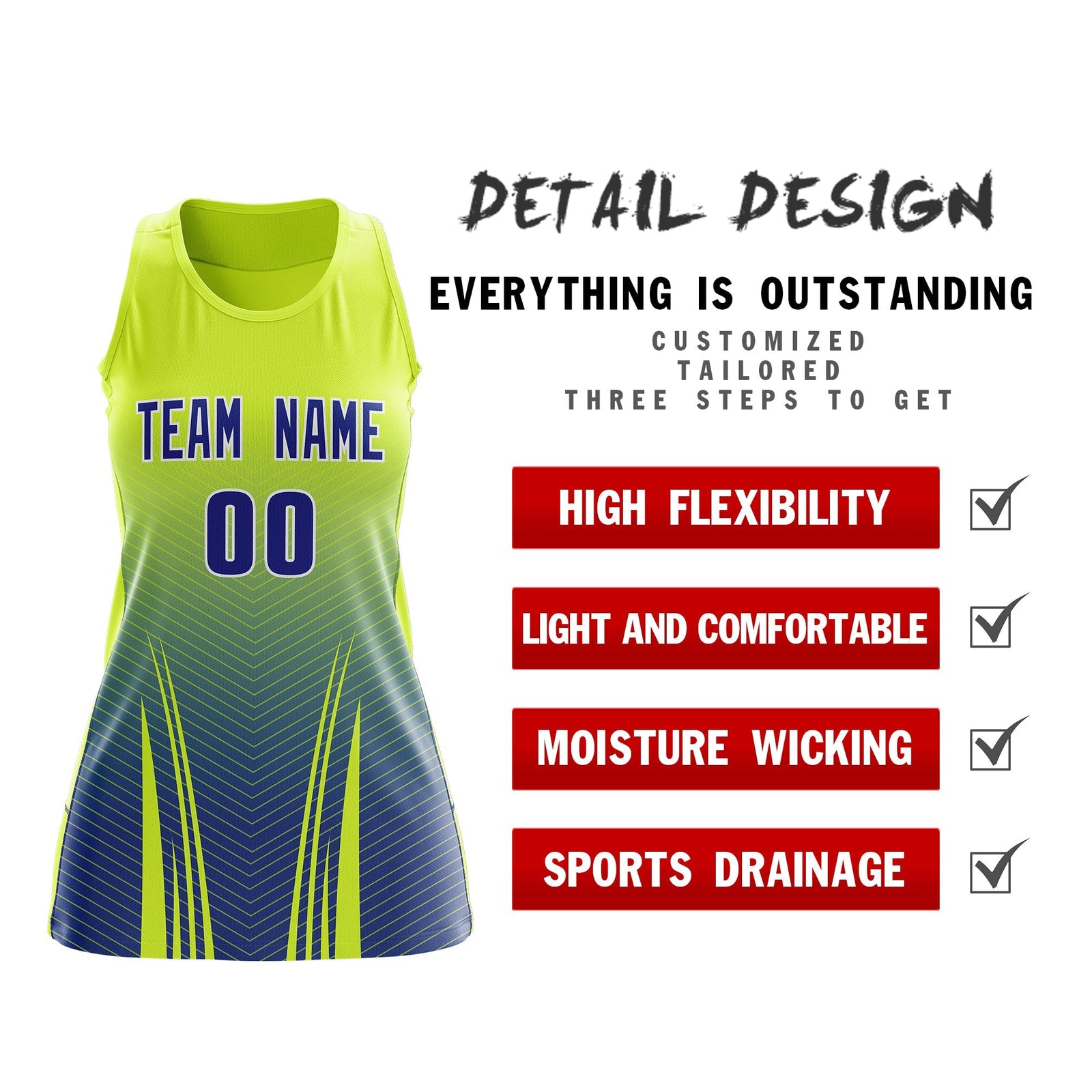 Custom Women Netball Dress | Fluorescent Green Royal Blue V-Shaped Pinstripes Uniform with Name & Number