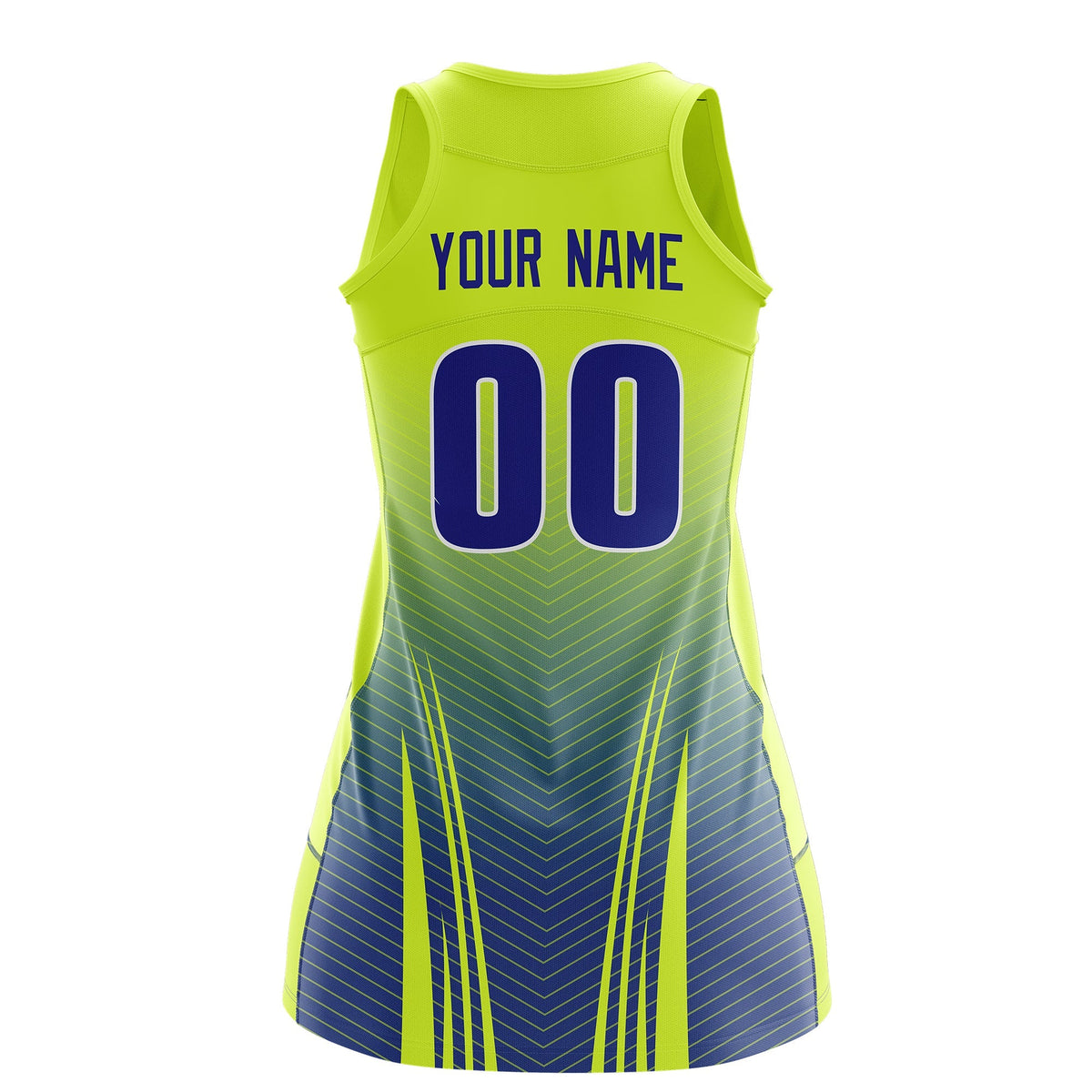 Custom Women Netball Dress | Fluorescent Green Royal Blue V-Shaped Pinstripes Uniform with Name &amp; Number