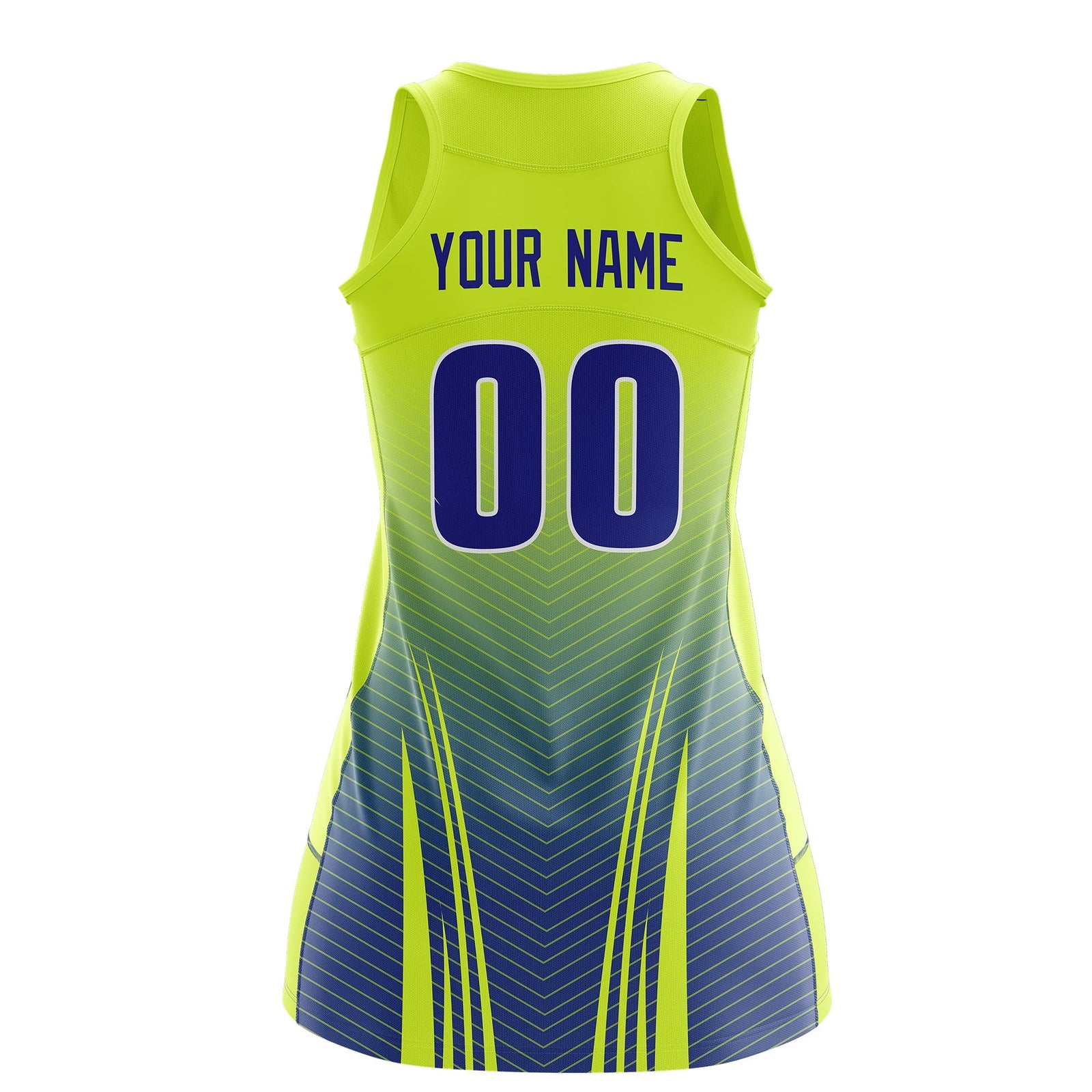 Custom Women Netball Dress | Fluorescent Green Royal Blue V-Shaped Pinstripes Uniform with Name & Number