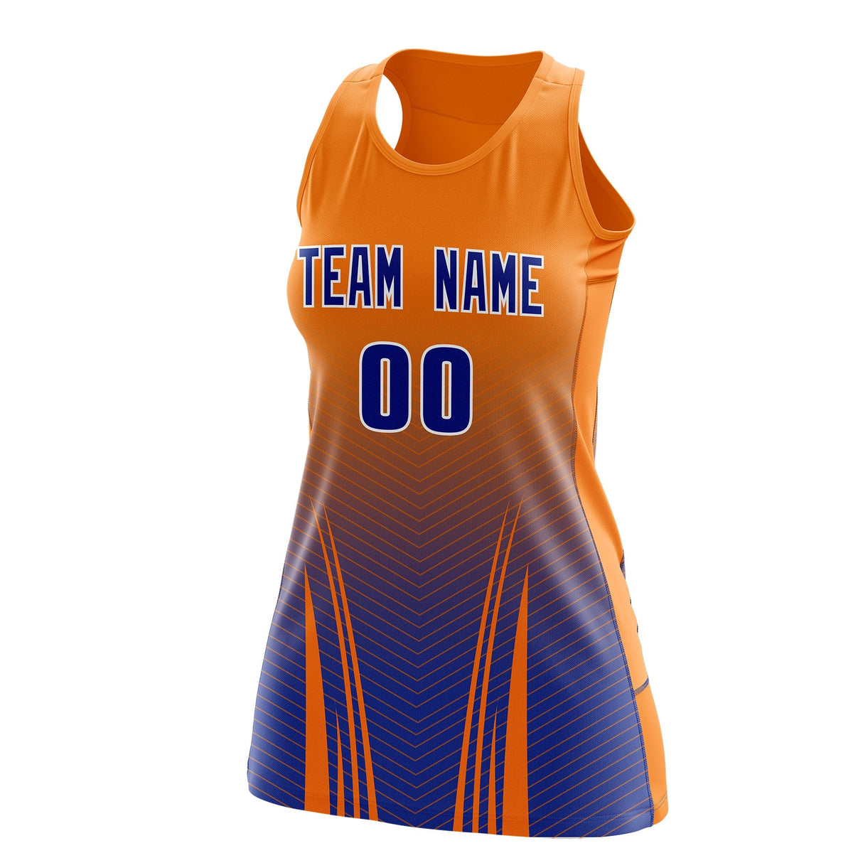 Custom Netball Dress | Orange Royal Blue V-Shaped Pinstripes Gradient Team Uniform