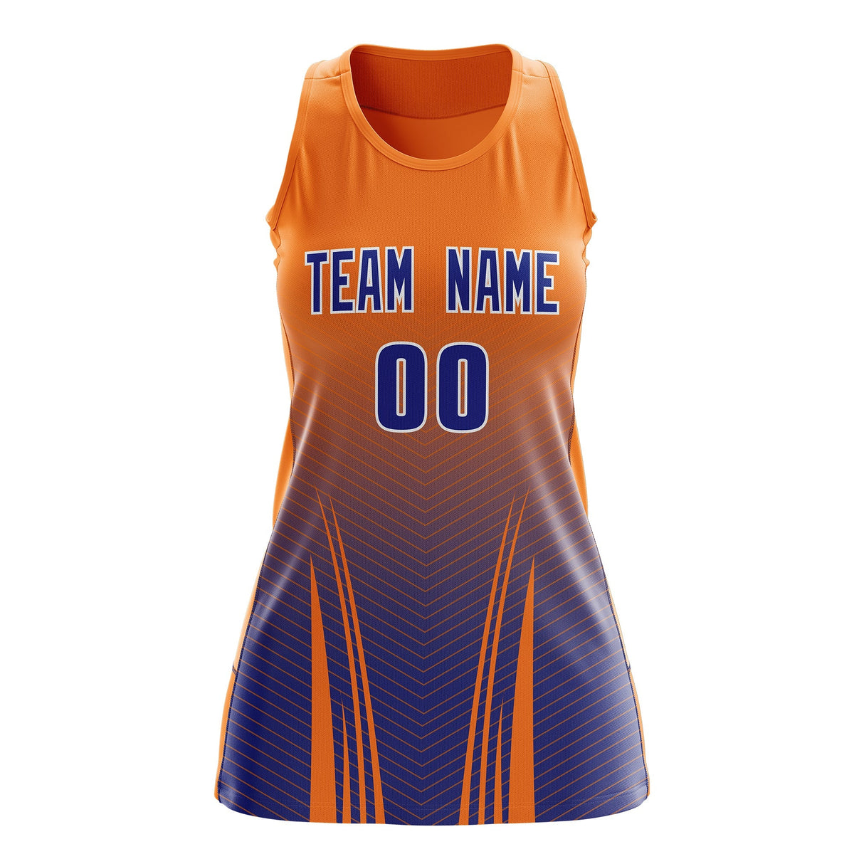 Custom Netball Dress | Orange Royal Blue V-Shaped Pinstripes Gradient Team Uniform