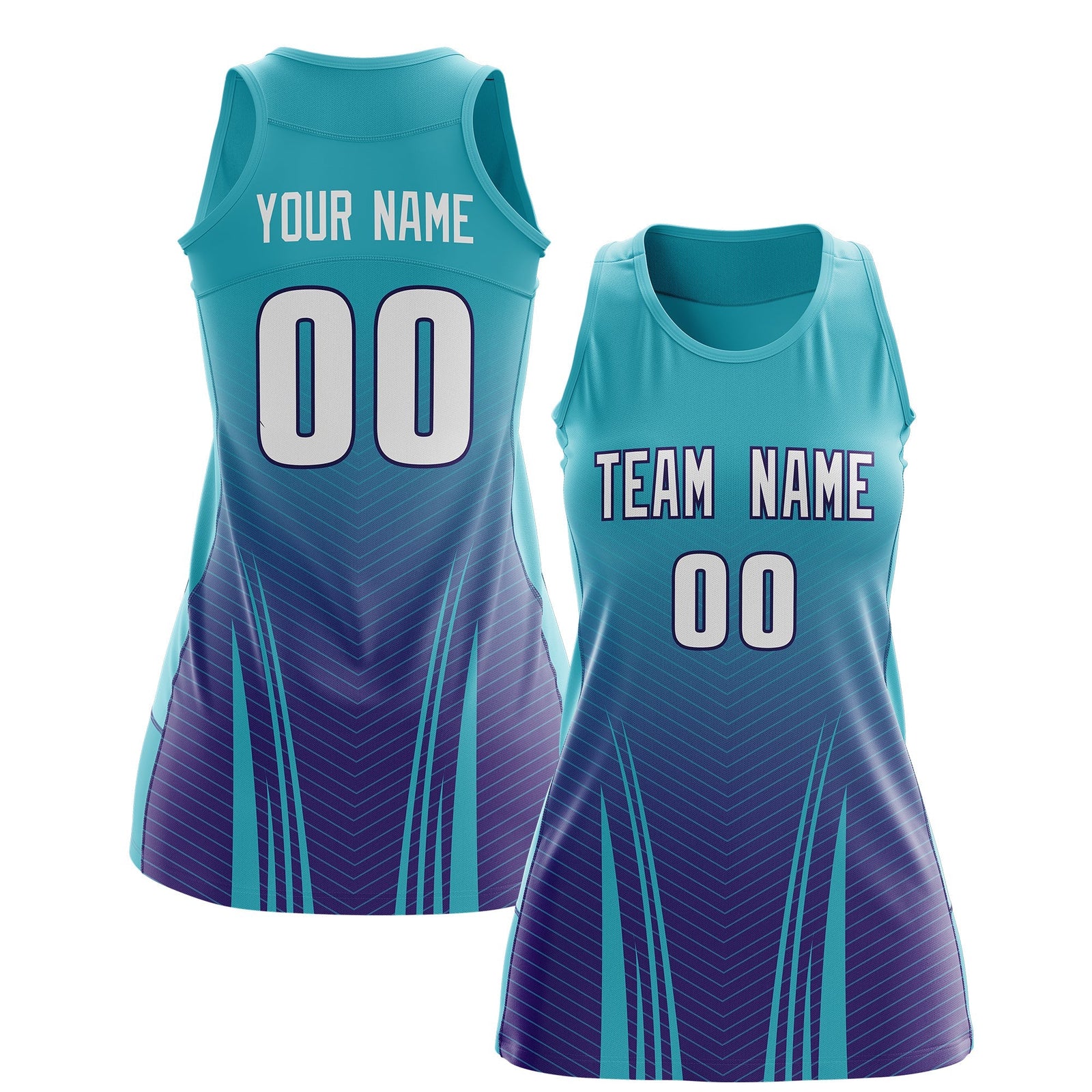Custom Women Netball Dress | Aqua Purple V-Shaped Pinstripes Uniform with Name & Number