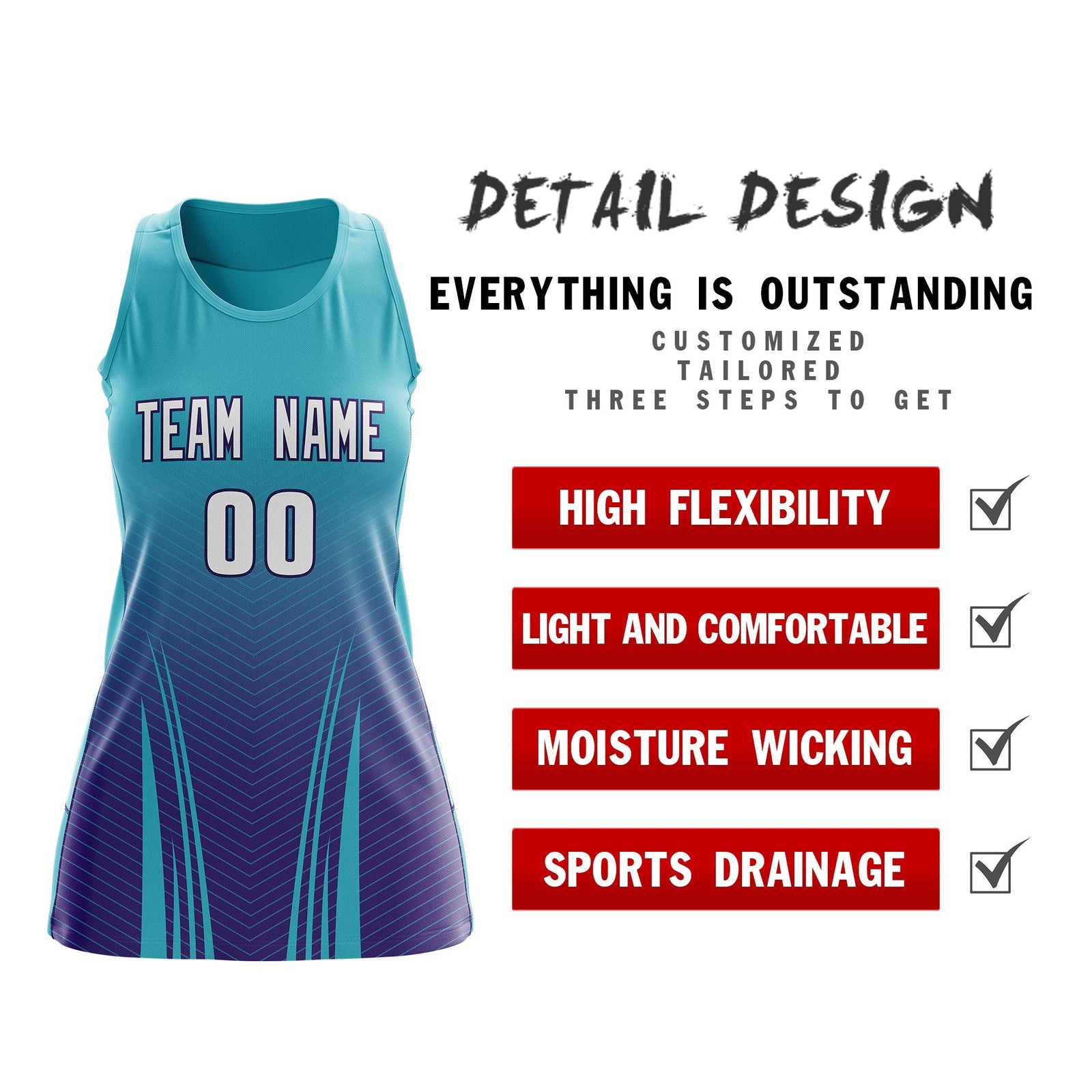 Custom Women Netball Dress | Aqua Purple V-Shaped Pinstripes Uniform with Name & Number