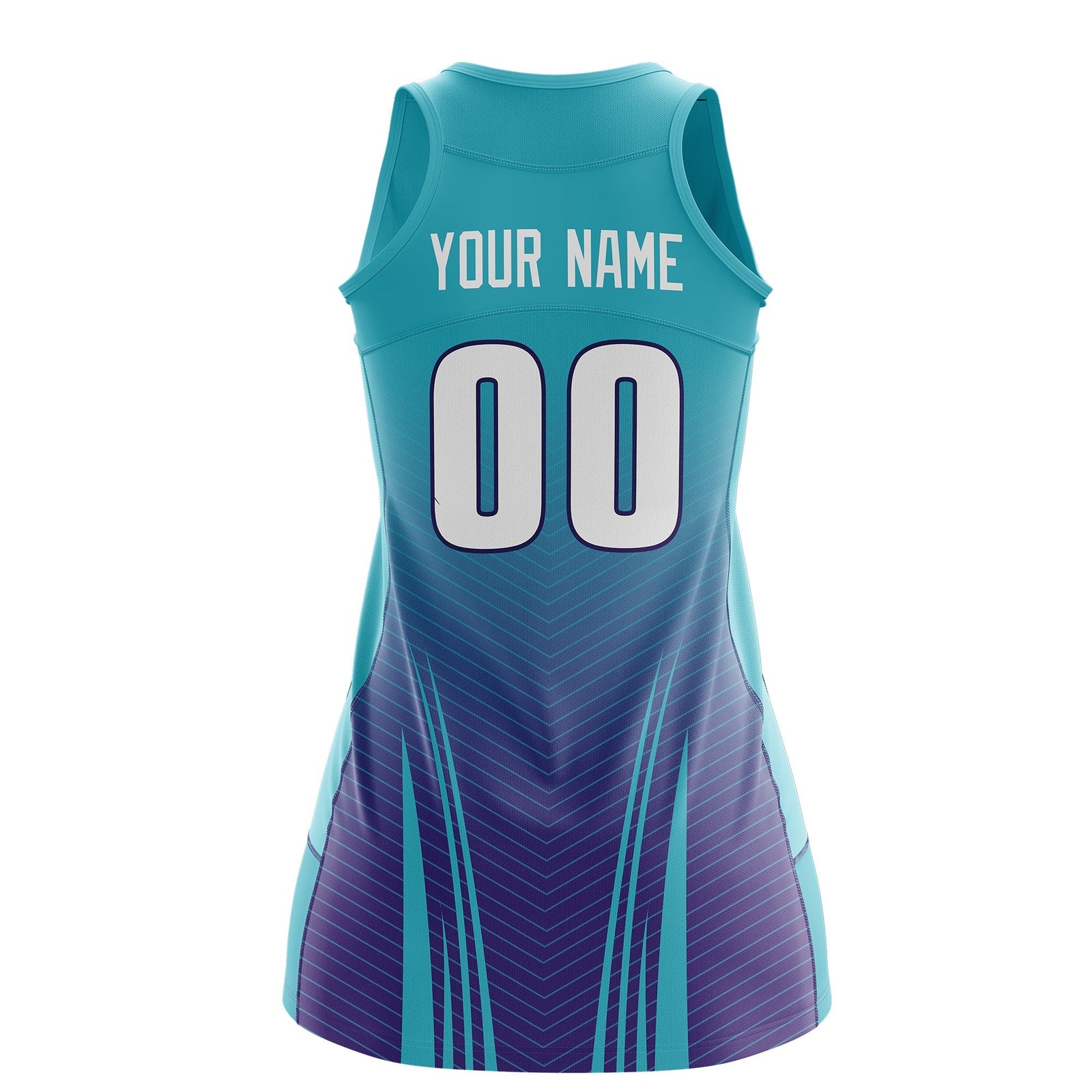 Custom Women Netball Dress | Aqua Purple V-Shaped Pinstripes Uniform with Name & Number