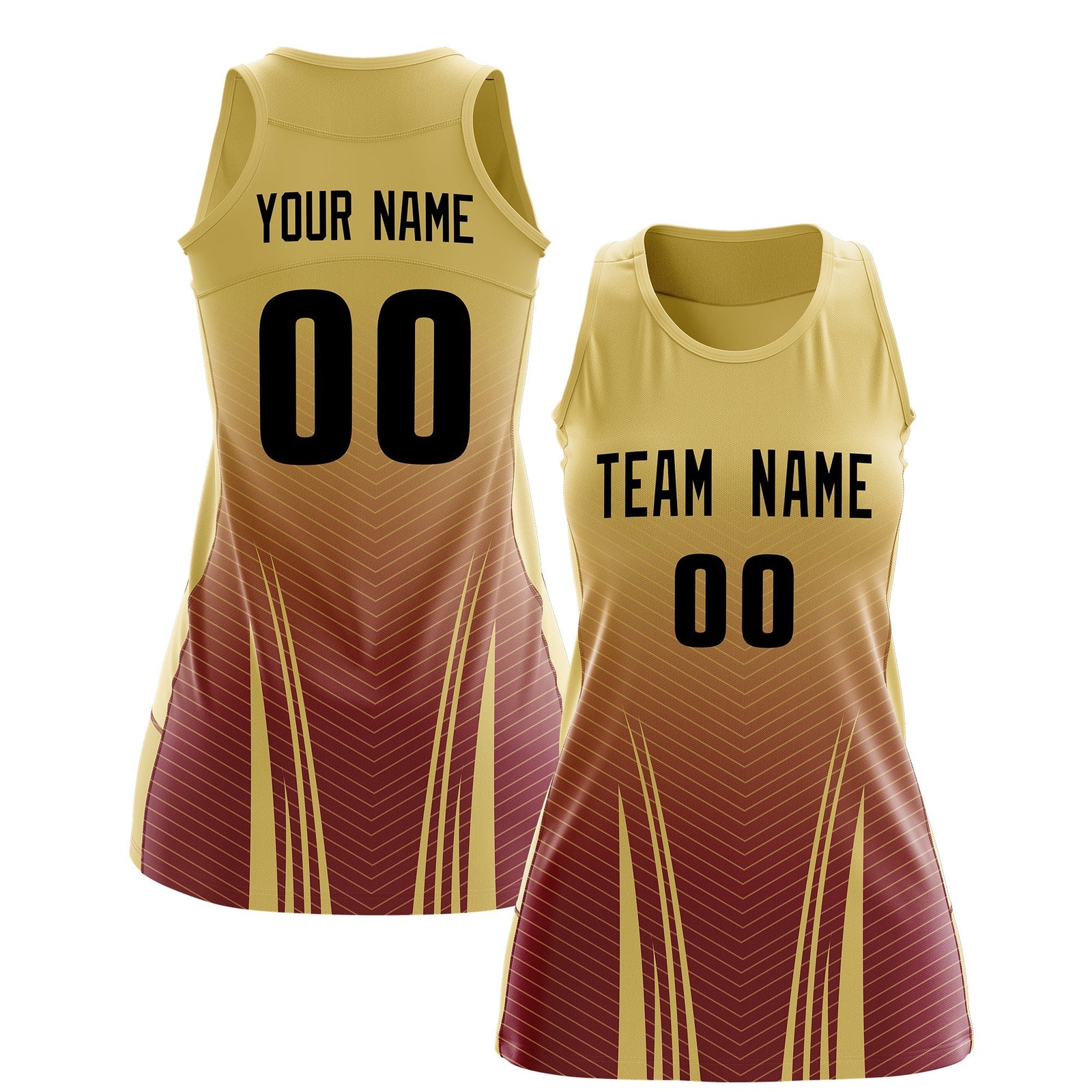 Custom Women Netball Dress | Khaki Crimson V-Shaped Pinstripes Uniform with Name & Number