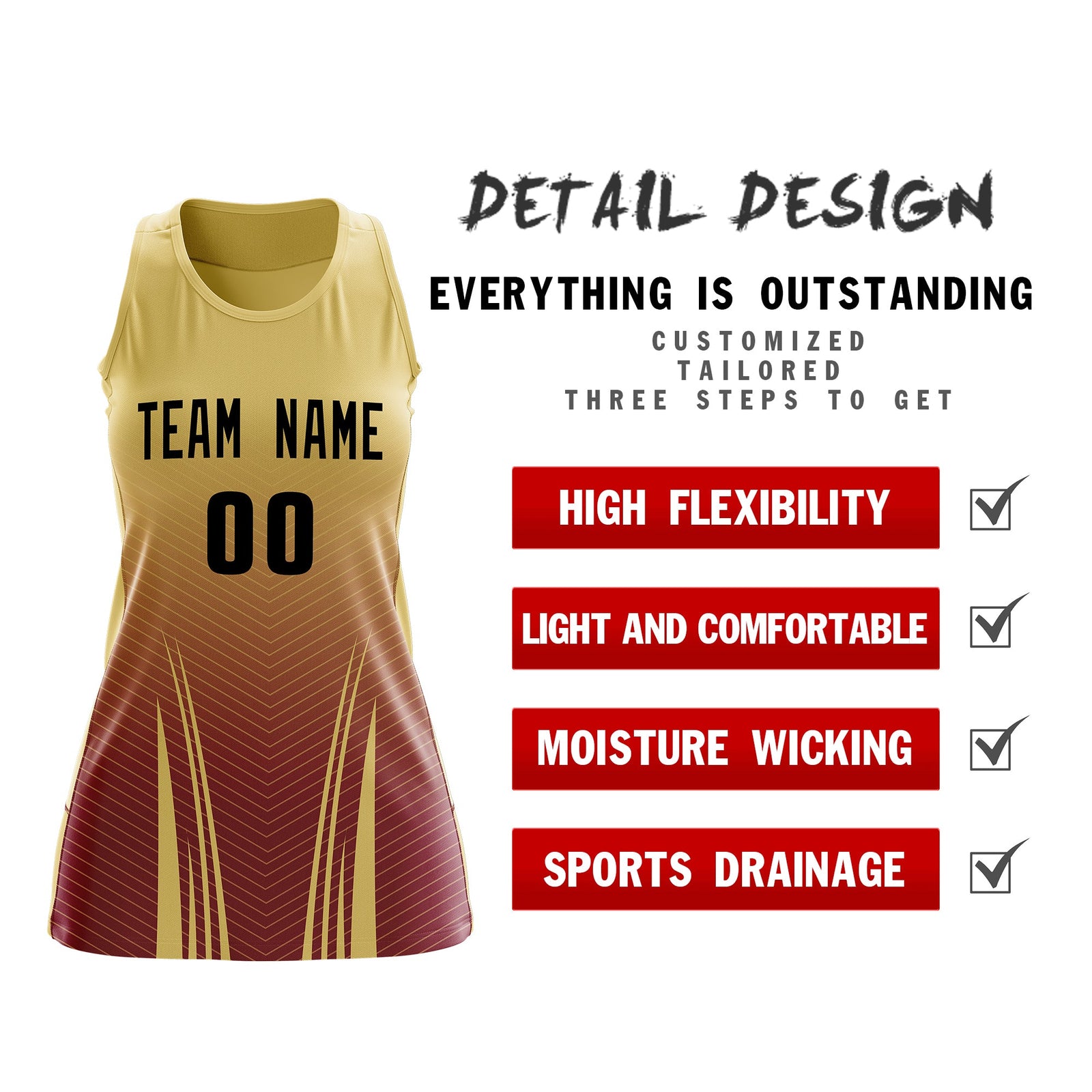 Custom Women Netball Dress | Khaki Crimson V-Shaped Pinstripes Uniform with Name & Number