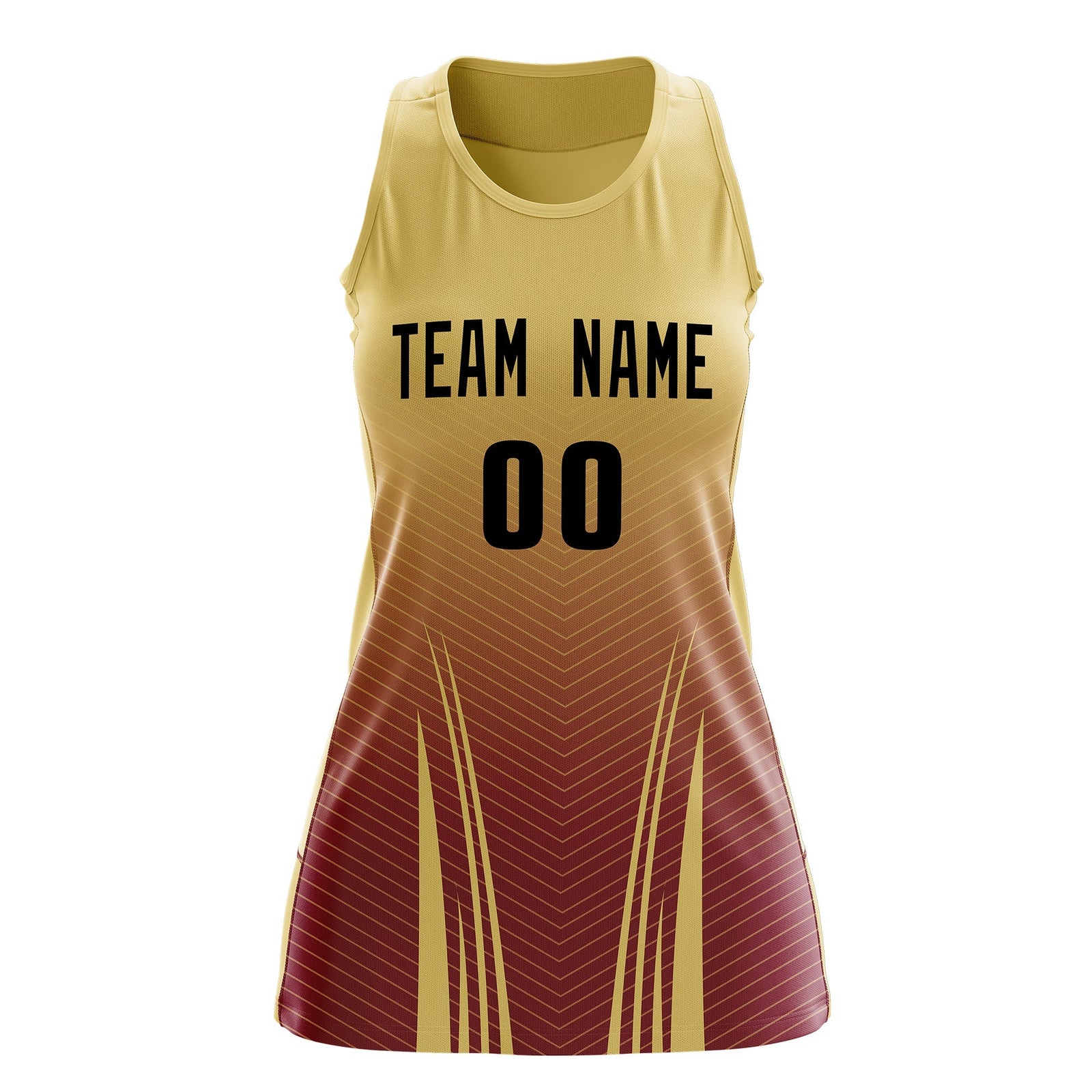Custom Women Netball Dress | Khaki Crimson V-Shaped Pinstripes Uniform with Name & Number