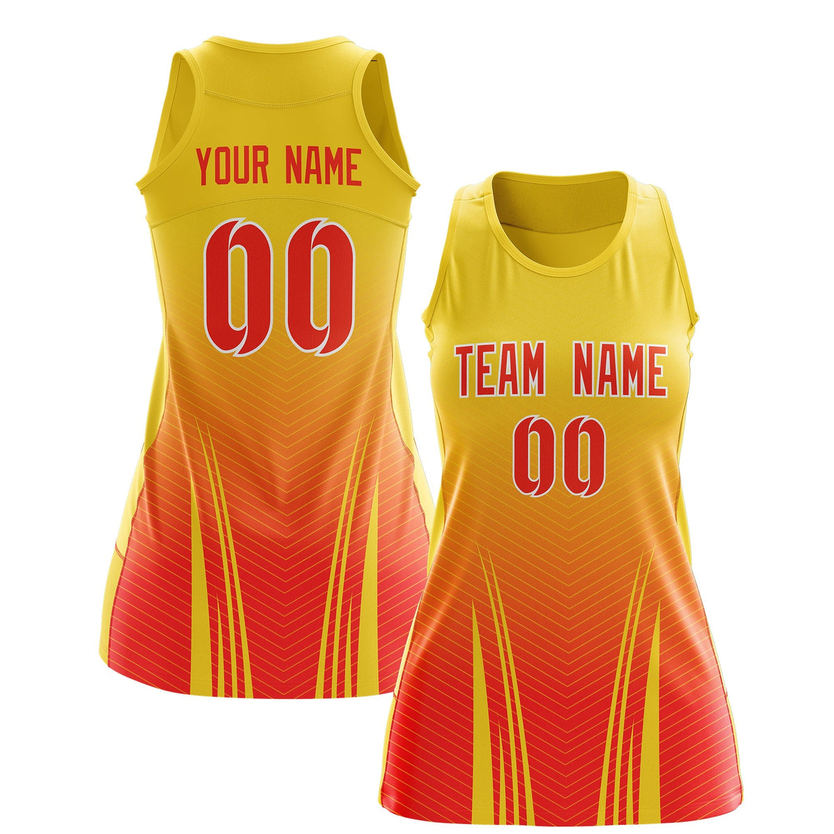 Custom Women Netball Dress | Gold Orange V-Shaped Pinstripes Uniform with Name &amp; Number