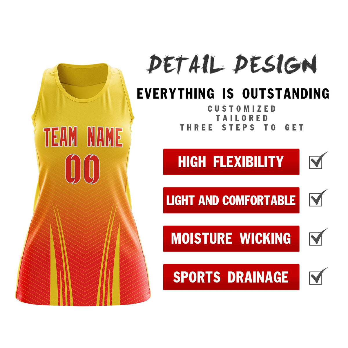 Custom Women Netball Dress | Gold Orange V-Shaped Pinstripes Uniform with Name &amp; Number