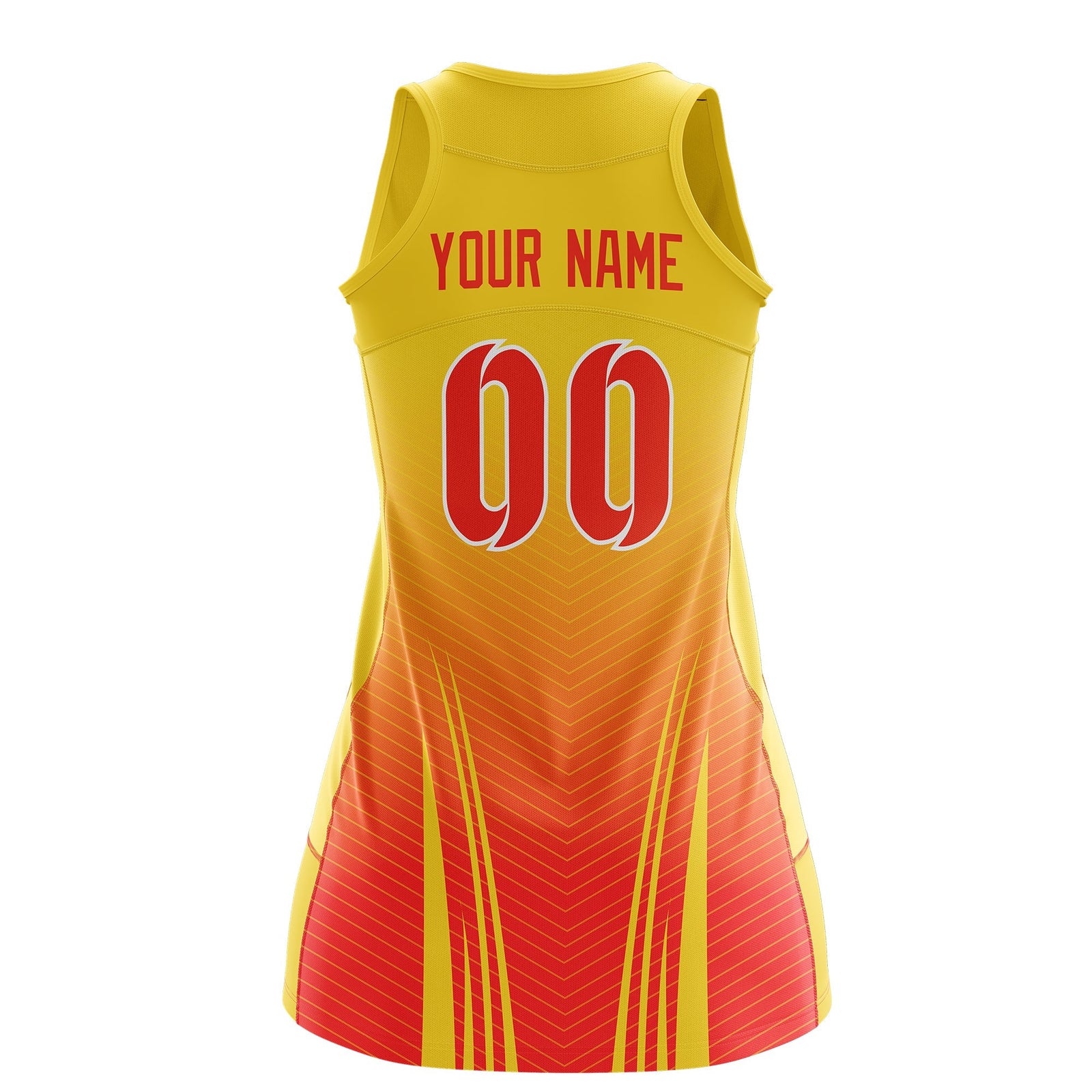 Custom Women Netball Dress | Gold Orange V-Shaped Pinstripes Uniform with Name & Number