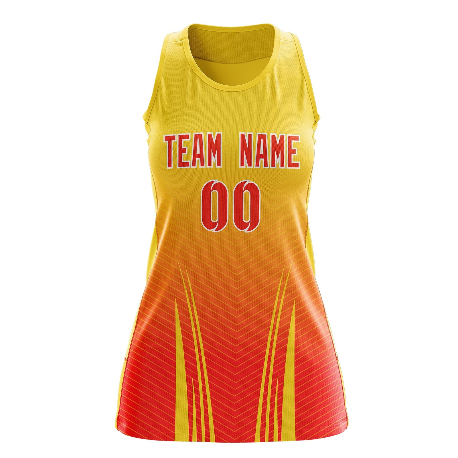 Custom Women Netball Dress | Gold Orange V-Shaped Pinstripes Uniform with Name & Number