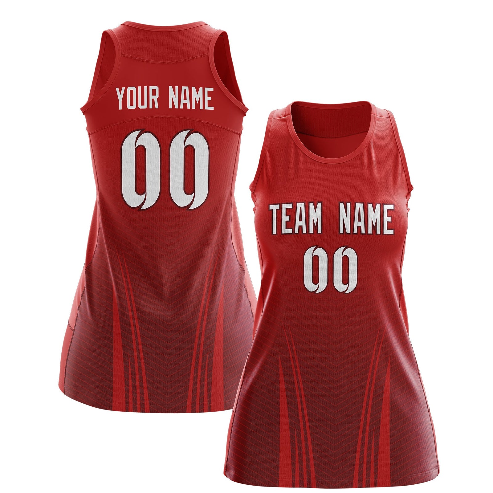 Custom Women Netball Dress | Red Crimson V-Shaped Pinstripes Uniform with Name & Number