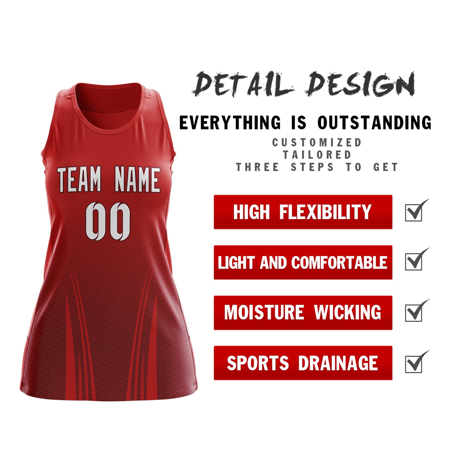 Custom Women Netball Dress | Red Crimson V-Shaped Pinstripes Uniform with Name & Number