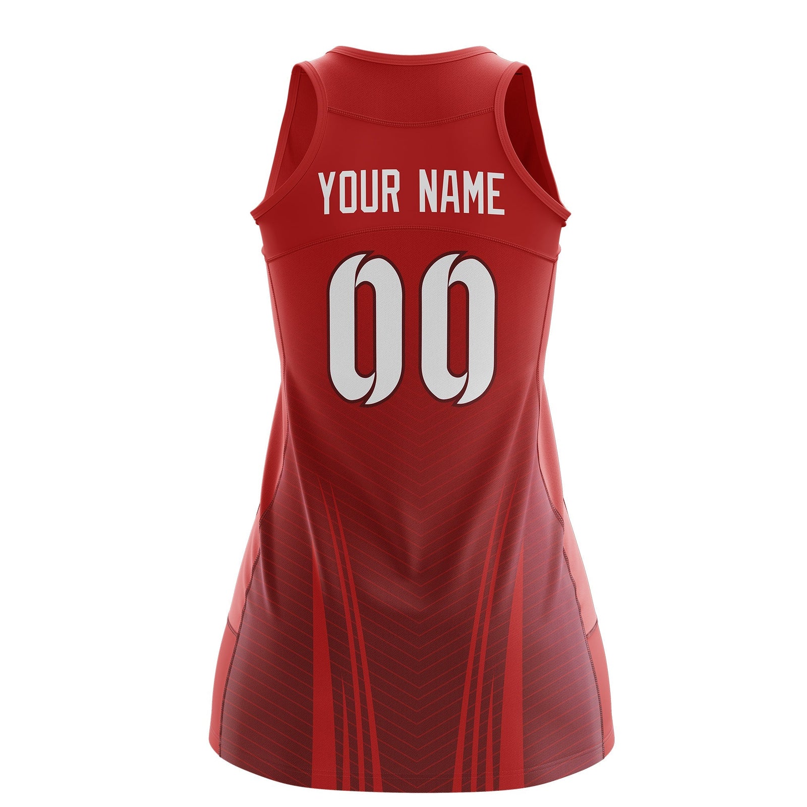 Custom Women Netball Dress | Red Crimson V-Shaped Pinstripes Uniform with Name & Number